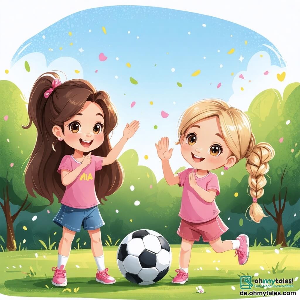Ein 4-jähriges Mädchen namens Mia mit langen braunen Haaren und strahlenden Augen steht lächelnd und voller Energie im Mittelpunkt des Bildes und dribbelt einen Fußball auf einem grünen Rasen. An ihrer rechten Seite applaudiert ihre beste Freundin Emma, ein weiteres 4-jähriges Mädchen mit geflochtenen blonden Haaren und einem rosa T-Shirt, begeistert und zeigt ihre Unterstützung. Im Hintergrund schaut eine Gruppe von 5- bis 6-jährigen Jungen in bunten T-Shirts überrascht und bewundernd zu, einige heben die Arme, um die Mädchen anzufeuern. Die Szene spielt in einem sonnigen Garten mit bunten Blumen, einem großen schattigen Baum und einem klarblauen Himmel mit einigen weißen Wolken. Der Moment zeigt, wie Mia und Emma beim Fußballspielen den Jungen beweisen, dass sie auch großartige Spielerinnen sein können, und verdeutlicht somit das Thema der Geschlechtergleichheit mit Begeisterung und Kameradschaft.