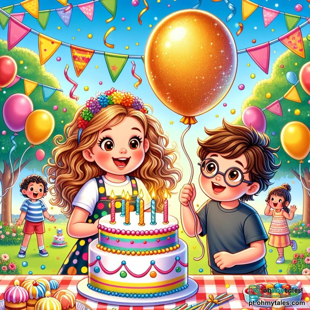 Uma menina de 8 anos, Clara, com longos cabelos cacheados e um grande sorriso, está no centro da imagem. Ela usa um vestido colorido de bolinhas e segura um balão dourado brilhante nas mãos, seu rosto radiante de excitação e curiosidade. Ao lado dela, seu melhor amigo, João, um garoto de 8 anos com cabelos castanhos bagunçados e óculos redondos, olha para o balão com um ar maravilhado, os braços cruzados sobre o peito. A cena acontece em uma festa animada em um parque, onde faixas coloridas flutuam ao vento e crianças brincam ao redor de uma grande mesa cheia de bolos e doces. Balões de todas as cores flutuam no céu azul, criando uma atmosfera alegre e festiva. Clara e João estão resolvendo um mistério, intrigados com o balão dourado que encontraram. Eles se inclinam um para o outro, sussurrando ideias sobre a origem do balão, cercados por risadas e música alegre que ressoam no ar.