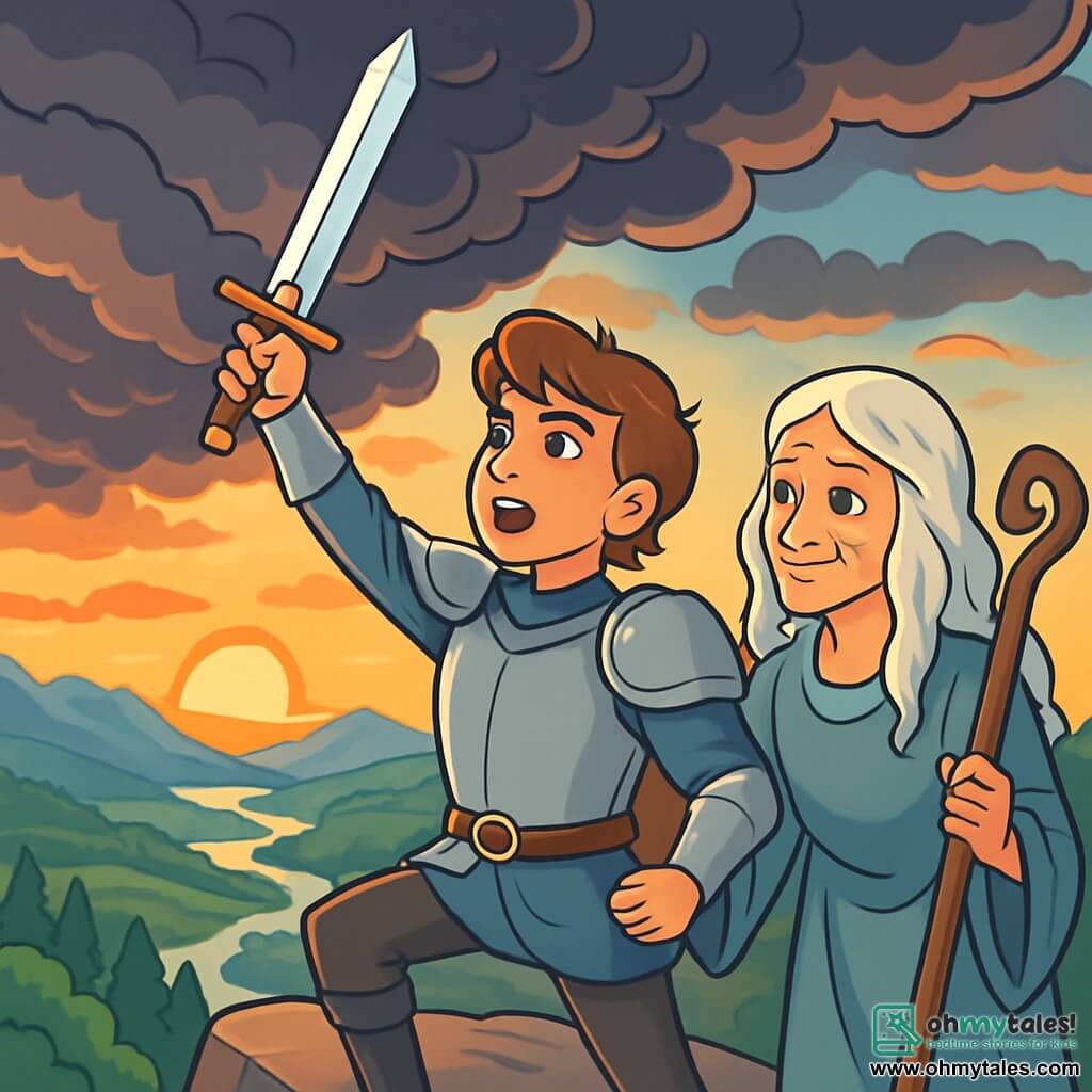 A young man, Alaric, stands bravely at the top of a steep cliff, his shiny armor reflecting the light of the setting sun. His eyes, filled with determination and hope, scan the horizon as a gentle breeze tousles his brown hair. Beside him, an elderly woman, Lady Elara, with a gentle and wise face, silver hair, and a flowing dress, encourages him with a kind gaze, holding a staff adorned with ancient runes. The scene depicts Alaric ready to face an imminent danger, arms raised, holding his sparkling sword, while dark clouds gather above, signaling the approach of a mysterious threat.