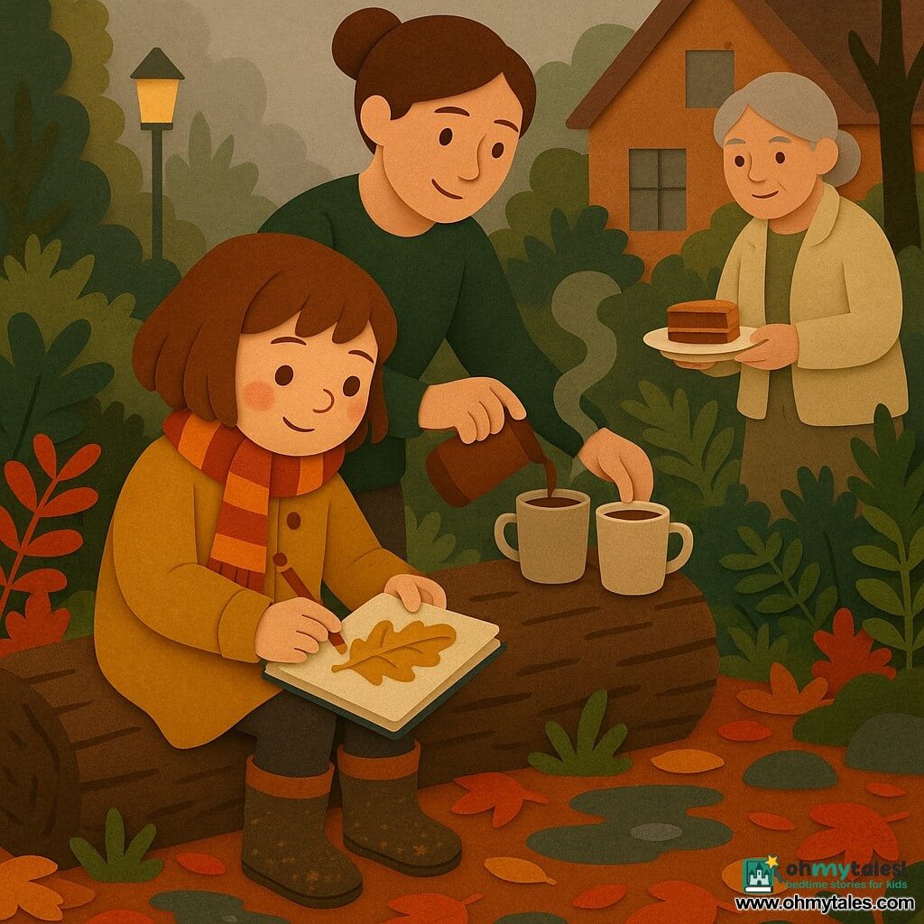 An 8-year-old girl, happy but focused, round face, chestnut bob, rosy cheeks, wearing a mustard coat, red-and-yellow striped scarf and muddy rubber boots, sits on an old log drawing a large golden oak leaf in a small notebook; a smiling, gentle mother (about 35), hair in a bun, wearing a dark green wool sweater, stands behind the log pouring hot chocolate from a flask into two cups; a grandmother (about 65), gray hair in a low bun and a cream knitted jacket, stands at the garden edge near the house holding a slice of cinnamon cake on a plate; setting: a wild autumn garden with red, orange and yellow leaves, small reflective puddles, mossy stones, ferns and textured tree trunks, soft gray mist and warm twilight light from a distant streetlamp; atmosphere: focus on the girl's sketch and the steaming hot chocolate, layered paper-cut textures, simple clean shapes, visible layers, soft paper-like shadows, rich autumn palette and a childlike warm style.