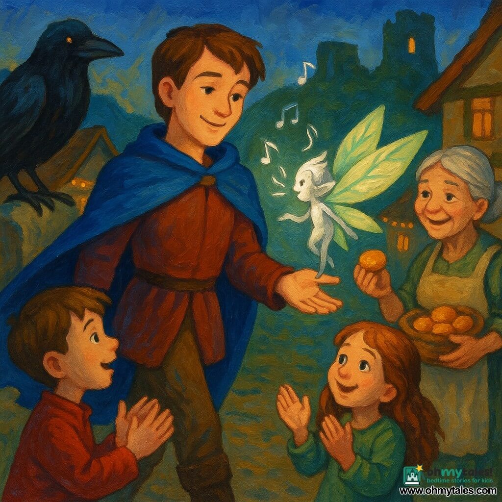 A young adult man named Aleron with a gentle face and short brown hair, wearing a flowing blue cloak, stands center smiling and reaching toward a small luminous, non-human bird-sized sprite with pale leaf-green translucent wings and a silvery glowing body that hovers above his hand singing shyly; a large glossy black crow perches on a broken stone to the left watching wisely; Martha, an elderly woman in a simple dress and apron with gray hair in a bun, stands to the right offering a honey cake from a basket; two colorful-clothed children around seven in the foreground clap with eyes wide; the twilight village square behind them has stone cottages with thatch roofs, string lights, and the ruined Greyspire tower on a mossy hill with a broken window showing moonlight; bright, contrasting palette of soft blues, leaf greens and gold highlights, visible acrylic brush textures and broad childlike strokes; gentle heroic-fantasy atmosphere with silver wavy lines suggesting music around the sprite.