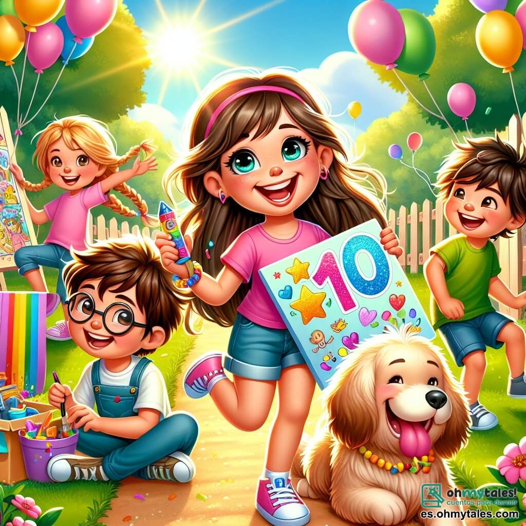Una niña de 10 años, Valentina, con largos cabellos castaños y ojos brillantes de alegría, sonríe ampliamente mientras sostiene un gran cartel colorido decorado con una estrella dorada. Lleva una camiseta rosa brillante y un short de mezclilla, y está rodeada de sus amigos. A su derecha, Lucas, un niño de 10 años con gafas redondas y cabello despeinado, ríe mientras sostiene una gran caja de juegos. A su izquierda, Sofía, una niña de 9 años con trenzas rubias, pinta un bonito dibujo en un cartel, concentrada y feliz. Finalmente, Mateo, un niño de 10 años con una camiseta verde y un short, corre hacia ellos con su perro, un pequeño golden retriever, que mueve la cola con entusiasmo. La escena tiene lugar en un parque soleado, lleno de flores coloridas y grandes árboles verdes. Los globos flotan en el aire y los niños juegan alegremente a su alrededor. La situación principal muestra a Valentina y sus amigos organizando una fiesta en el parque, rodeados de risas y colores, listos para compartir momentos de felicidad y amistad.