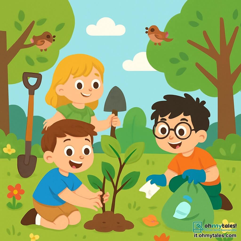 Ci sono 3 personaggi: - Luca: un ragazzo di 8 anni, con capelli castani e occhi vivaci. Indossa una maglietta blu e pantaloni corti beige. Sta piantando un piccolo albero, sorridendo con entusiasmo. - Mia: una ragazza di 7 anni, con capelli biondi e un bel vestito verde a fiori. Tiene una pala e guarda Luca con ammirazione, pronta ad aiutarlo. - Gigi: un ragazzo di 8 anni, con capelli neri arruffati e occhiali. È accovacciato, raccogliendo rifiuti con i guanti, con un grande sorriso sul viso. Il luogo è un parco verdeggiante, pieno di alberi maestosi e fiori colorati. Il cielo è blu con alcune nuvole bianche e soffici. Gli uccelli cantano tra i rami e il terreno è cosparso di foglie e piccoli fiori selvatici. La situazione principale mostra i tre amici che lavorano insieme per pulire il parco e piantare alberi, circondati da risate e gioia, illustrando il loro impegno per proteggere la natura.
