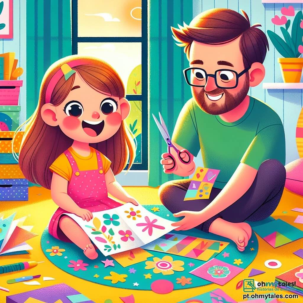 Uma menina de 4 anos, com longos cabelos castanhos e olhos brilhantes de alegria, está sentada em um tapete colorido feito de papel, cercada por pedaços de papel recortados. Ela sorri amplamente, com as bochechas rosadas revelando sua empolgação. Ao lado dela, sua mãe, uma mulher sorridente de cerca de 30 anos, com cabelos castanhos e usando uma camiseta colorida, a ajuda a criar um bonito tapete de papel, segurando uma tesoura. O pai, um homem de cerca de 35 anos, com uma leve barba e óculos, está sentado em uma almofada, lendo um grande livro ilustrado, com um olhar divertido no rosto. A cena acontece em uma sala ensolarada, com paredes pintadas de amarelo pastel e janelas abertas deixando entrar a luz do sol. Brinquedos coloridos estão espalhados pelo chão, e livros com capas vibrantes estão organizados em uma estante. A situação principal mostra a menina e sua mãe criando juntas um tapete de papel, cercadas por cores vivas e risos, simbolizando a alegria das férias de verão e o compartilhamento de atividades criativas em família.