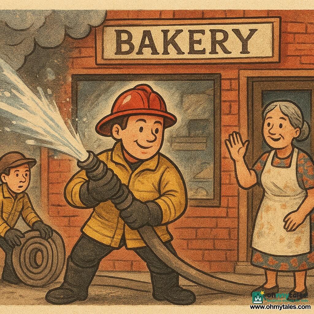 A smiling, focused firefighter man in a shiny red helmet, slightly dusty yellow reflective jacket and black boots firmly holds a thick fire hose spraying a silver jet of water; his expression is brave and gentle, posture active and leaning forward. Mrs. Daisy, about 50, stands by her bakery window to his right in a floral dress and flour-stained white apron, gray hair in a bun, waving and relieved. A young firefighter, about 25, helps unroll the hose from behind, cap under his helmet, determined, feet apart for stability. Background: small red-brick bakery with a fogged display window, a handwritten "Bakery" sign and an open kitchen window emitting a small plume of gray smoke. Main action: dynamic firefighting—bright water jet hitting a smoky area near the window, visible splashes, reassuring rescue atmosphere with warm colors and strong contrasts to appeal to children.