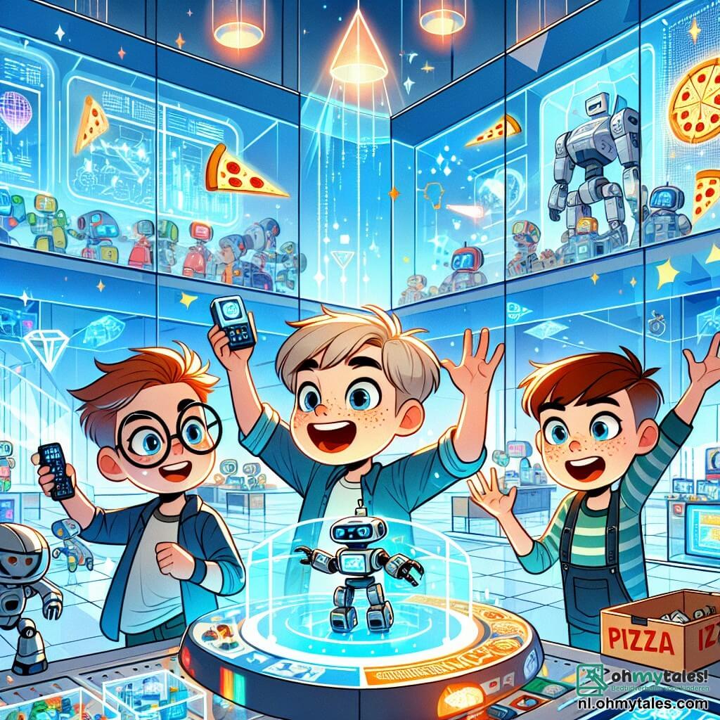 In een groot futuristisch gebouw met glinsterende glazen muren staan drie jongens van negen jaar samen. Max, een jongen met messy bruin haar en sprankelende ogen, glimlacht enthousiast terwijl hij een afstandsbediening in zijn hand houdt. Rechts van hem kijkt Sam, met ronde bril en stekelig blond haar, aandachtig naar een holografisch scherm dat beelden van robots toont. Links staat Joris, een jongen met kastanjebruin haar en sproeten, met zijn armen in de lucht, juichend van blijdschap nadat hij een robotwedstrijd heeft gewonnen. De plek is gevuld met felle kleuren, zwevende hologrammen en interactieve schermen die de ruimte verlichten. Robots met grappige vormen bewegen om hen heen en brengen onderdelen en gereedschap. De muren zijn versierd met futuristische tekeningen van drijvende steden en technologische landschappen. De hoofdsetting toont de jongens die hun overwinning vieren na het programmeren van hun robot, Pizzabot, die net een heerlijke pizza heeft bereid. De sfeer is vrolijk en dynamisch, vol opwinding en kameraadschap, terwijl ze hun succes delen met hun vrienden en andere kinderen van het kamp.
