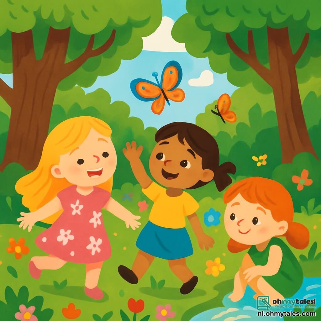 Er zijn 3 personages: - Anna: een 5-jarig meisje met lang blond haar en sprankelende ogen. Ze draagt een roze jurk met witte bloemen en danst vrolijk bij een boom. - Lotte: een 4-jarig meisje met bruin haar in twee staarten en een stralende glimlach. Ze draagt een gele t-shirt en een blauwe rok, en ze begroet een mooie gekleurde vlinder die om haar heen vliegt. - Sofie: een 5-jarig meisje met rood haar en sproeten op haar gezicht. Ze draagt een groene jurk en zit bij een klein beekje, luisterend naar het zachte geklater van het water. De locatie is een groot en magisch bos, vol met majestueuze bomen met dikke stammen en heldergroene bladeren. Overal groeien kleurrijke bloemen, en een klein beekje glinstert onder de zon, waardoor gouden reflecties ontstaan. Vlinders dansen in de lucht, wat een vleugje magie aan deze betoverende scène toevoegt. De belangrijkste situatie toont de drie kleine meisjes die samen dansen in het zachte gras, hand in hand, terwijl ze lachen en zich verwonderen over de schoonheid van de natuur om hen heen.