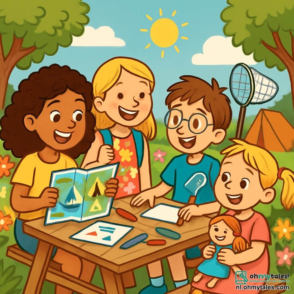Er zijn 4 personages: - Lisa: een 10-jarig meisje met mooie krullende haren en sprankelende bruine ogen. Ze draagt een gele t-shirt en een spijkerbroekshort, en ze houdt een kaart van hun zomerplan vast. - Noor: een 10-jarig meisje met steil blond haar en een grote glimlach. Ze is gekleed in een kleurrijke bloemenjurk en houdt een kleine rugzak vol benodigdheden voor hun avontuur vast. - Milo: een 7-jarig jongetje, de kleine broer van Lisa, met rommelig kastanjebruin haar en een bril. Hij draagt een blauwe t-shirt en een groene short, en hij speelt met een klein vlindernet. - Fleur: een 5-jarig meisje, de zus van Noor, met blonde vlechten en sprankelende ogen. Ze draagt een roze jurk en houdt een pop in haar armen. De personages bevinden zich in een zonnige tuin, omringd door kleurrijke bloemen en groene bomen. Op de achtergrond staat een opgezet tent voor hun zomeravontuur. De hoofdactie toont de kinderen die hun zomer plannen, zittend rond een tuintafel, met kleurpotloden en papier verspreid. Ze lachen en wisselen ideeën uit, vol opwinding voor de komende activiteiten.