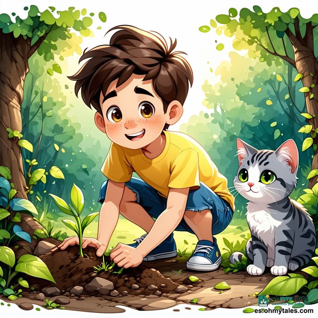 Un niño de 10 años, con el cabello castaño desordenado y ojos llenos de curiosidad, está agachado en un jardín verde. Su rostro muestra una intensa alegría y una palpable emoción al descubrir un pequeño brote verde que emerge de la tierra. Lleva una camiseta amarilla brillante y un pantalón corto de mezclilla, con zapatillas desgastadas por sus numerosas aventuras. A su lado, su gata Miga, una pequeña bola de pelo gris con ojos verdes brillantes, lo observa atentamente, sentada sobre sus patas traseras, como si estuviera lista para animarlo en su descubrimiento. El jardín es un lugar mágico, lleno de flores coloridas, arbustos densos y un viejo rosal con rosas brillantes. En el fondo, una vieja puerta verde, entreabierta, insinúa un misterio oculto. La escena principal muestra al niño maravillado, sosteniendo una pequeña semilla en su mano, listo para plantarla en una maceta de tierra, mientras los rayos de sol filtran a través de las hojas, iluminando la escena con una luz dorada.