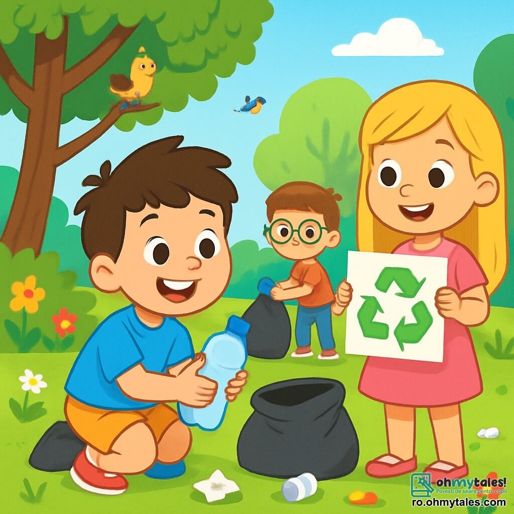 Un băiat de 6 ani, Andrei, cu părul brun zbârlit și un zâmbet mare și vesel, stă în genunchi într-un parc verde, ținând o sticlă de plastic în mâinile sale mici. Poartă un tricou albastru aprins și o pereche de pantaloni scurți galbeni, cu ochii strălucind de entuziasm. Lângă el, Maria, o fetiță de 6 ani cu părul lung și blond, într-o rochie roz, zâmbește ținând o foaie de hârtie reciclată. Răzvan, un băiat de 6 ani cu ochelari și părul castaniu, stă puțin mai departe, adunând gunoaie cu o expresie determinată pe față. Parcul este plin de flori colorate, copaci verzi și un cer albastru strălucitor, în timp ce păsările cântă în crengi. Pe jos, gunoaiele împrăștiate contrastează cu frumusețea naturii înconjurătoare. Situația principală îi arată pe Andrei și prietenii săi în acțiune, străduindu-se să curețe parcul, cu saci de gunoi la picioare, ilustrând angajamentul lor de a proteja mediul.