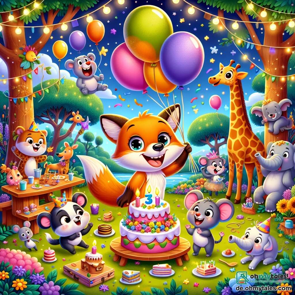 Ein leuchtend orangefarbener Fuchs namens Felix mit einem fröhlichen Lächeln und funkelnden Augen steht im Mittelpunkt der Szene und hält bunte Ballons in seinen Pfoten. Neben ihm schaut eine kleine graue Maus namens Max mit großen Ohren und einem schelmischen Gesichtsausdruck begeistert zu Felix, während sie eine kleine Gitarre hält. Im Hintergrund stehen eine schöne Giraffe mit goldenen Flecken und ein Elefant mit großen Ohren, beide erstaunt, neben einem großen Tisch voller Kuchen und Süßigkeiten. Der Ort ist ein lebhafter Zoo mit grünen Bäumen, bunten Blumen und funkelnden Lichtern, die die festliche Szene erhellen. Die Hauptsituation zeigt Felix und seine Freunde, die eine fröhliche Überraschung feiern, umgeben von Lachen und schwebenden Ballons, während ein großer, tollpatschiger Hund ausrutscht und in den Kuchen fällt, was ein allgemeines Lachen auslöst.
