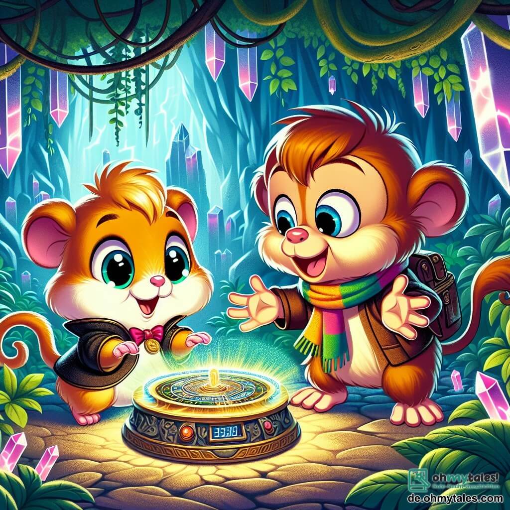 Hopsi, ein kleiner Hamster mit goldenem Fell und großen, leuchtenden Augen, steht vor einer geheimnisvollen Zeitmaschine. Er zeigt ein Ausdruck von Staunen und Neugier, seine kleinen Pfoten erhoben, als ob er bereit wäre, den leuchtenden Knopf zu drücken. Neben ihm lächelt ein freundlicher Affe namens Ali mit braunem Fell und einem bunten Schal fröhlich, die Arme offen in einem einladenden Gestus, bereit, ihm bei seinem Abenteuer zu helfen. Im Hintergrund spielt die Szene in einer magischen Höhle, erleuchtet von funkelnden Kristallen und umgeben von grünen Lianen, die eine geheimnisvolle und verzauberte Atmosphäre schaffen. Hopsi ist bereit, die Maschine zu aktivieren und in eine Zeitreise einzutauchen, während ein strahlender Lichtschein beginnt, den kleinen Hamster zu umhüllen.
