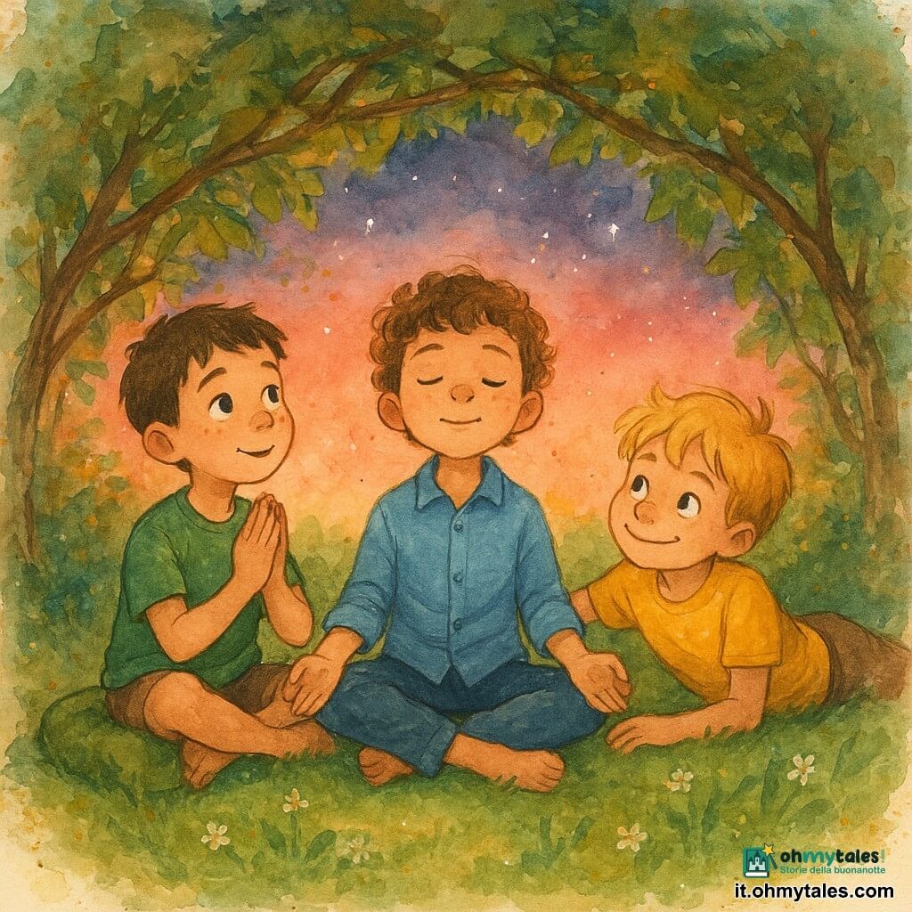 Ci sono tre bambini di 8 anni: Leo, capelli corti castani e lentiggini, maglietta verde, seduto a sinistra su un cuscino di schiuma con gli occhi stupiti e le mani giunte; Marco, capelli castano ricci, camicia blu, seduto al centro a gambe incrociate e sguardo sereno verso il cielo rosato; Giacomo, capelli biondi, maglietta gialla, sdraiato sull'erba a destra con un sorriso malizioso e una mano sulla spalla di Marco. Sono riuniti sotto una cupola naturale di rami e foglie intrecciate su un prato fiorito al crepuscolo rosa‑arancione, compiono un piccolo rituale di calma e promessa con posizioni di yoga semplici, mani giunte e sorrisi tranquilli; atmosfera serena e calda, texture ad acquerello morbide con leggere schizzi ai bordi.