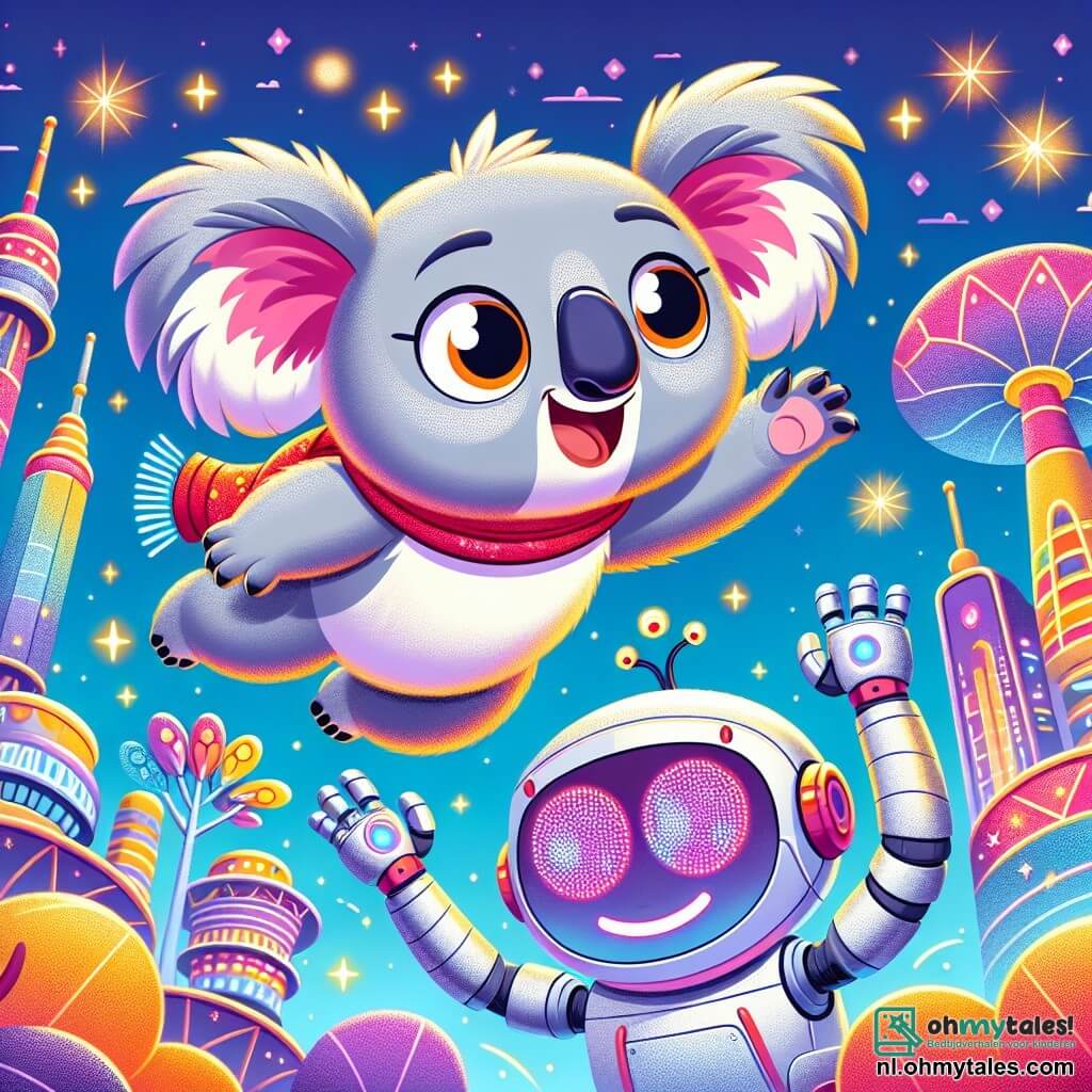Kiki, een koala met grote oren en een zachte grijze vacht, vliegt vrolijk door de lucht met grote ogen van verrassing en een brede glimlach op haar gezicht. Ze draagt een klein rood sjaaltje om haar nek dat in de wind wappert. Robo, een vriendelijke robot met een zilveren lichaam en cirkelvormige heldere ogen, staat onder haar en steekt enthousiast zijn armen in de lucht met een stralende glimlach op zijn metalen gezicht. De scène speelt zich af in de ToverSpeeltuin, een futuristische speeltuin vol kleurrijke structuren in de vorm van wolken en reusachtige bloemen, met fonkelende lichten en interactieve spellen die in de lucht zweven. Kiki vliegt blij omhoog en ontdekt de fonkelende stad Glimstad, terwijl Robo haar aanmoedigt met enthousiaste gebaren, wat een sfeer van magie en avontuur creëert.