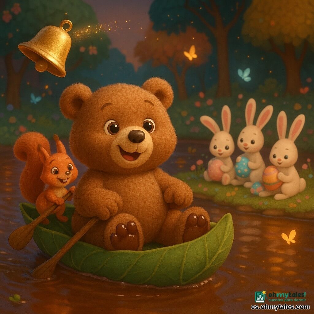 Un gran oso de peluche marrón realista y suave llamado Tito, rostro redondo y ojos brillantes, mira maravillado y sonriente sentado en un pequeño bote hecho de grandes hojas verdes con las patas cubiertas de chocolate; una pequeña ardilla rizada y vivaz llamada Lila, de ojos pícaros y sonrisa alegre, se mantiene en pie en la popa remando con una rama; tres liebres blancas de largas orejas, pintadas con huellas en tonos pastel, están en una isla cercana decorando huevos de Pascua; sobre el bote flota una campana dorada y brillante que deja un rastro de pequeñas chispas doradas; el escenario es un claro encantado al crepúsculo con un arroyo espeso de chocolate líquido que refleja guirnaldas de flores, árboles de hojas coloridas y mariposas luminosas; paleta cálida y pastel (marrones chocolate, verdes esmeralda, rosas y azules pálidos) con reflejos dorados en la campana; estilo 3D suave y redondeado, texturas táctiles (pelaje, hoja, chocolate brillante), iluminación suave y féerica, atmósfera alegre y soñadora.