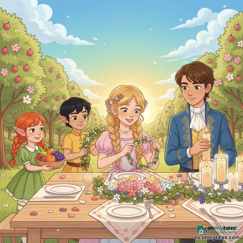 Princesa Lumina (hija) al centro, rostro luminoso y sonriente, cabello rubio trenzado con pequeñas flores rosas, vestido pastel con volantes, trenza una gran corona de flores sobre la mesa; a la derecha el príncipe Mateo (hijo, ~16 años), expresión confiada y amable, cabello castaño corto, chaqueta azul bordada en oro, enciende velas altas de vidrio; a la izquierda una pequeña elfa (niña, ~8 años) con coletas pelirrojas y vestido verde trae un cuenco de frutas y se sube a un banco; detrás de la princesa un pequeño elfo (niño, ~9 años) de cabello negro y túnica amarilla coloca una guirnalda de hojas en el centro de la mesa; escenario: gran mesa de madera clara en un jardín de huertos en flor con pétalos rosados y blancos, cielo azul y sol dorado al horizonte, ambiente alegre preparando la Gran Fiesta del Sol con luz cálida, manteles bordados, cerámica, guirnaldas y velas encendidas que muestran colaboración y asombro.
