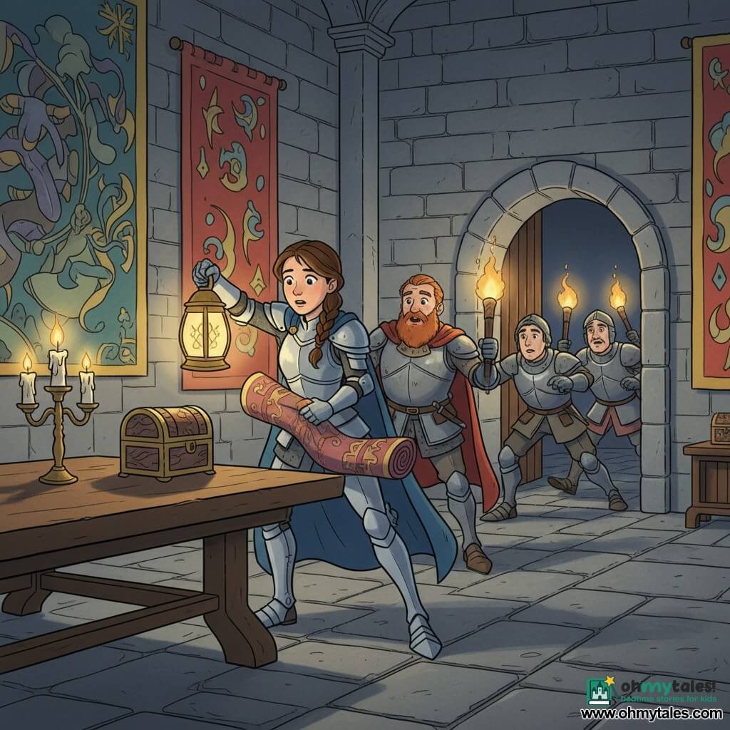 A young female knight with a determined, slightly trembling face and brown braided hair wears a tilted silver helmet, a flowing blue cape and shiny light armor; she holds a tall golden lantern and a rolled tapestry with which she pins down a frightened teenage male thief in a black hood, bent as if emerging from a secret passage at the foot of a mural, in a large cold stone treasure room with colorful tapestries, worn gray flagstones, a heavy wooden table with a small carved locked chest and smoking candles—an elderly red-bearded knight, Sir Bram, stands behind her in worn armor and a red cape, surprised but admiring and brandishing a torch, while two young guards rush in through the doorway with lit torches, casting warm light and deep shadows; the scene is a gentle dramatic capture showing the girl’s courage and compassion, bright colors, simple textures, clear outlines and expressive soft features suitable for a 6-year-old audience.