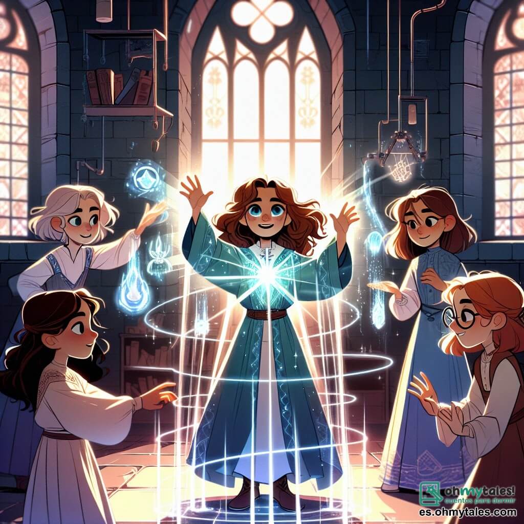 En el centro de la imagen, Aina, una niña de 11 años con cabello largo y ondulado, vestida con un vestido brillante, levanta los brazos para manipular rayos de luz que bailan a su alrededor. A su izquierda, Lía, otra niña de 11 años con cabello corto y rizado, vestida con una túnica azul, crea un escudo de agua que brilla como diamantes. A la derecha, Maren, una niña de 11 años con cabello castaño y ojos brillantes, está rodeada de pequeños animales mágicos que la observan con curiosidad. Finalmente, Sofía, una niña de 11 años con gafas y cabello recogido en una coleta, se inclina sobre un extraño dispositivo tecnológico, con los ojos brillando de determinación. El escenario es el interior de una torre oscura, con paredes de piedra adornadas con símbolos luminosos que pulsan suavemente. Al fondo, una gran ventana muestra un cielo iridiscente, mientras sombras amenazantes se dibujan en el suelo, creando una atmósfera de misterio y tensión. La situación principal muestra a las cuatro amigas unidas frente a una silueta oscura que emerge de las sombras, mientras utilizan sus poderes para combatir la fuerza oscura que amenaza su mundo. La imagen captura la energía y la magia de este momento decisivo, con destellos de luz y agua que iluminan la escena.
