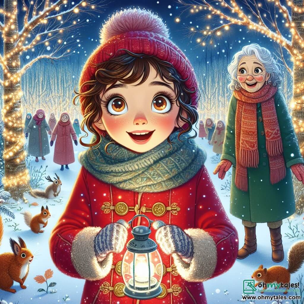 An 11-year-old girl named Lily stands at the center of the scene, with large eyes shining with joy and curly brown hair. She wears a bright red coat, a wool scarf, and knitted gloves, holding a lantern that illuminates her amazed face. Beside her is her grandmother, Nana, a woman around 70 years old with silver hair and a warm smile, looking around with wide eyes, enchanted by the magic of the place. The setting is Winter Grove, an enchanted forest lit by thousands of tiny twinkling lights hanging from snow-covered tree branches. The ground is covered in a thick layer of sparkling snow, and animals like squirrels and rabbits with sparkling eyes gather around them, adding life to this fairy-tale scene. The main situation shows Lily and Nana discovering the magic of Winter Grove together, surrounded by twinkling lights and the laughter of animals, as they prepare to celebrate Christmas with stories and songs.