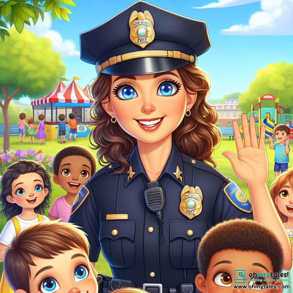 In the center of the image, we see Officer Mia Thompson, a woman in her thirties with curly brown hair and bright blue eyes sparkling with enthusiasm. She is wearing her well-fitted police uniform, displaying a shiny badge on her chest. Mia smiles warmly, showing her determination and kindness, while holding a small group of children around her. Among the children is Ethan, a 10-year-old boy with glasses and brown hair, raising his hand excitedly, ready to ask a question. Next to him is a 9-year-old girl in a yellow dress, looking at Mia with admiration, her eyes shining with curiosity. The scene takes place in Maplewood Park, a sunny and welcoming place with lush trees, colorful flowers, and children playing in the background. Game booths and safety activities are set up, creating a joyful and festive atmosphere. Mia explains the importance of safety to the children, surrounded by laughter and excitement, as they participate in a community event. The children listen attentively, captivated by her words, illustrating the strong bond between the police and the community.