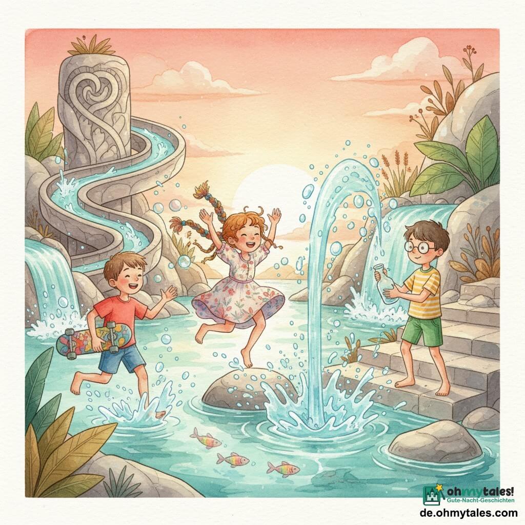 Drei Kinder auf einer leuchtenden Sumpfinsel, die zu einem magischen Wasserpark geworden ist: links ein etwa 10-jähriger Junge mit kurzen braunen Haaren, rotem T‑Shirt und blauer Shorts, lacht und rennt mit Skateboard unterm Arm auf eine große Wasserrutsche zu; in der Mitte ein etwa 9-jähriges Mädchen mit langen lockigen Haaren zu bunter Zopf geflochten, leichter geblümter Sommerkleid, springt von einem nassen Felsen in ein kleines Becken und spritzt vor Freude; rechts ein etwa 10-jähriger Junge mit runden Brillengläsern, gelb gestreifter T‑Shirt und grüner Bermuda auf einer Steinstufe, hält staunend eine soeben geöffnete kleine glänzende Flasche, deren Wasserstrahl magisch funkelt. Die Szenerie zeigt glatte Felsen, transparente Wasserfälle, in Stein geschnitzte Spiraltoboggans, türkisfarbene Becken mit regenbogenfarbenen Fischen, glänzende große Blätter trockener Vegetation und einen sanften Sonnenuntergang mit orangenen Reflexen auf dem Wasser; lebhafte cyanblaue Spritzer, irisierende Blasen und kleine Wellen heben Haare und Kleidung und vermitteln Freude, Bewegung und Entdeckung.