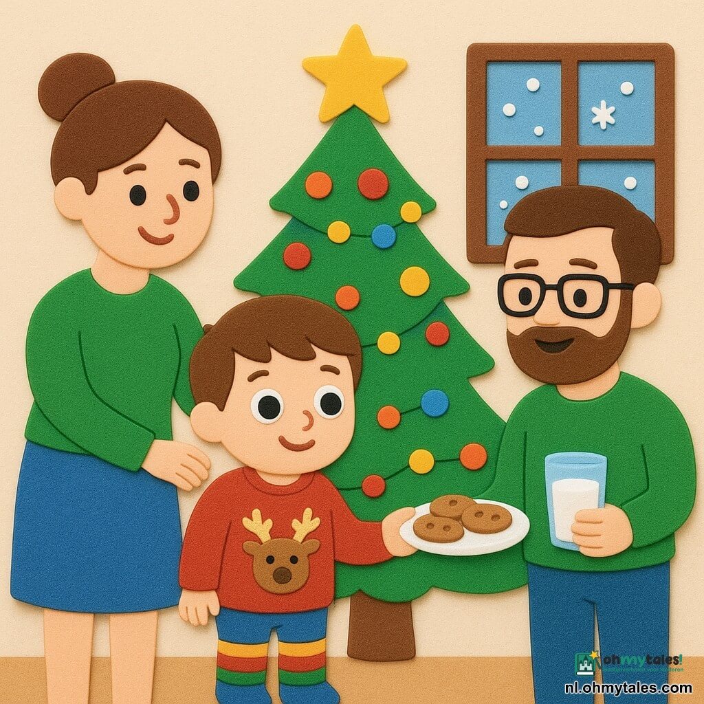 Een 4-jarige jongen, Milo, met grote verwonderde ogen en een zachte glimlach, draagt een rode trui met een rendiermotief en dikke gestreepte sokken. Hij staat bij een fonkelende kerstboom. Een vrouw van ongeveer 30 jaar, met bruin haar in een knot, glimlacht teder terwijl ze een hand op Milo's schouder legt. Ze draagt een groene trui en staat naast de jongen. Een man van ongeveer 30 jaar, met een korte baard en een bril, houdt een bord koekjes en een glas melk vast, staand aan de andere kant van Milo. De kamer is warm, met crèmekleurige muren en een raam dat zacht vallende sneeuwvlokken buiten toont. De hoofdscène toont Milo die een wens doet voor de gouden ster bovenop de boom, omringd door kleurrijke lichtjes en feestelijke decoraties.