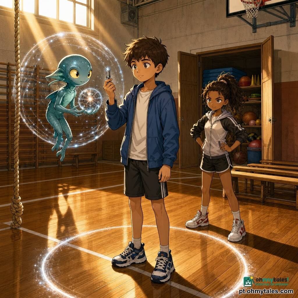 Três personagens: Tomás, garoto de 11 anos, cabelos curtos castanhos, expressão calma e curiosa, no centro do ginásio sobre um círculo luminoso segurando uma pequena chave cilíndrica metálica; Leonor, menina de 11 anos, cabelos castanhos em rabo de cavalo, olhar decidido e travesso, atrás à direita junto aos bancos com as mãos na cintura pronta para agir; Nilo, extraterrestre do tamanho de uma mochila, pele azul-esverdeada e levemente brilhante, grandes olhos lanternas e três dedos por mão, flutuando à altura do peito de Tomás e segurando uma esfera transparente com faíscas estelares que forma um domo protetor. Cenário: interior de um ginásio escolar iluminado por raios de sol oblíquos por uma janela alta, piso de madeira envernizada com linhas brancas, bancos e corda de escalada, armário com bolas e tapetes visíveis; atmosfera calma e mágica, contrastes quentes do sol e reflexos frios da esfera, texturas nítidas.