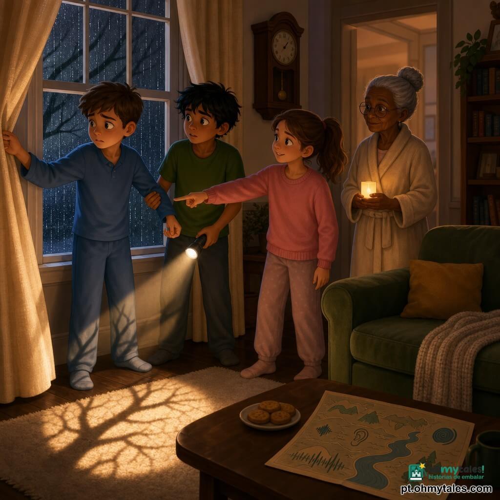 Quatro personagens: Tomás (12 anos) cabelo castanho curto, olhos grandes e inquietos, pijama azul, à esquerda junto à janela puxando a cortina com uma mão e segurando a manga de Miguel com a outra; Inês (12 anos) cabelo castanho claro em rabo de cavalo, sorriso tranquilizador, suéter rosa, no centro apontando para um galho que bate no vidro; Miguel (quase 12) cabelo preto bagunçado, camiseta verde, atrás à direita com uma lanterna brilhante na mão direita iluminando o galho; avó (c.70) cabelo grisalho em coque, óculos redondos, robe creme, junto à porta segurando uma vela elétrica e observando calmamente. Local: sala antiga e acolhedora à noite com chão de madeira escura, tapete claro, sofá verde, grande janela com cortinas de linho molhadas pela chuva e relógio de parede a marcar o tic-tac; mesa com uma folha intitulada "mapa dos sons" e biscoitos. Situação: noite chuvosa, galho bate suavemente na janela, cortina levantada, gotas correndo no vidro, reflexo quente da lâmpada, expressões de surpresa e conforto, luz da lanterna projetando a sombra nítida do galho no tapete.