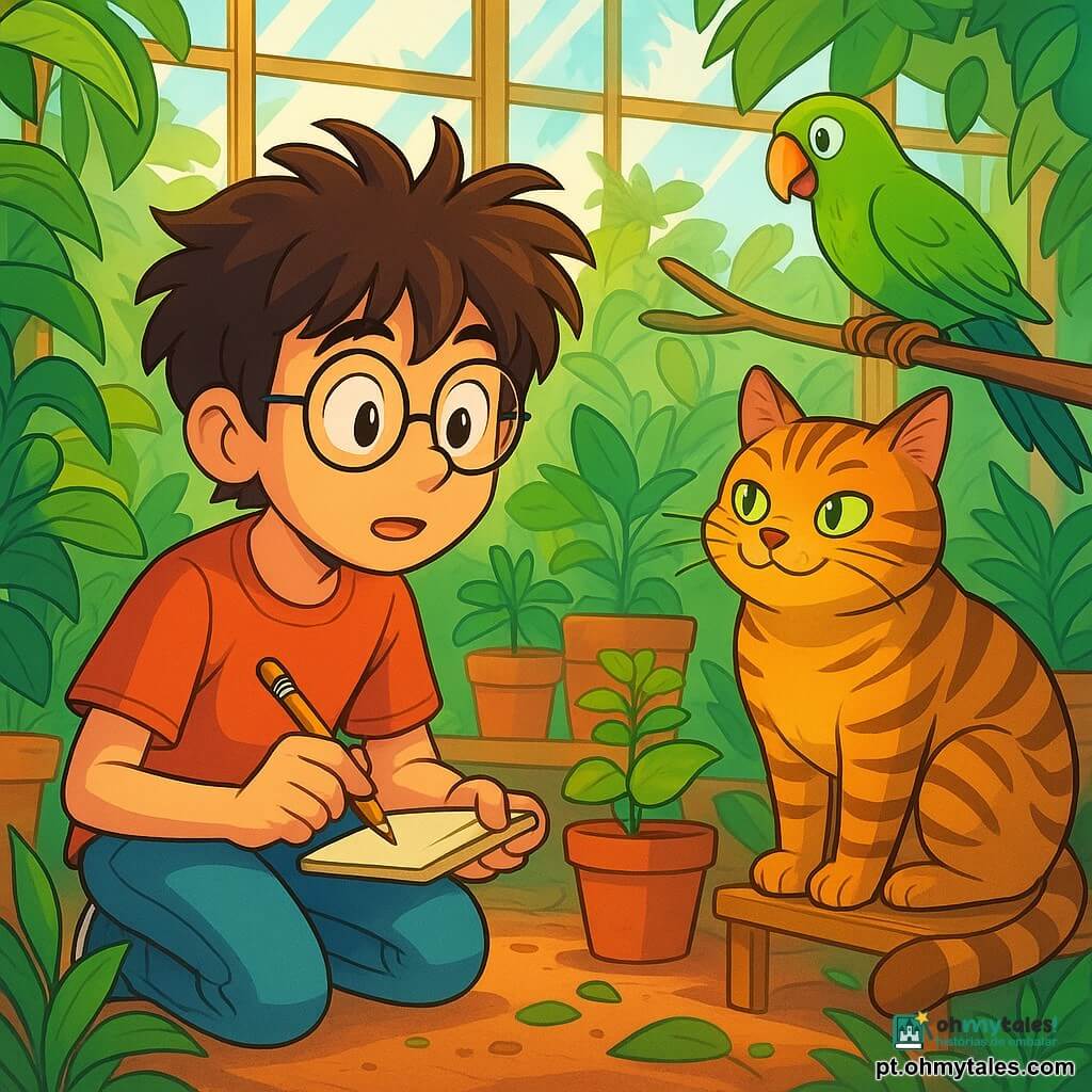 Lico, um garoto curioso com cabelos desgrenhados e óculos redondos, está agachado perto de uma prateleira de plantas, seu rosto iluminado pela excitação e concentração. Ele segura um lápis e um caderno, observando atentamente um rótulo de planta, seus olhos brilhando de determinação. Ao lado dele, Gordo, um gato tigre gordo com olhos verdes brilhantes, está sentado em uma prateleira, com uma expressão travessa, olhando para Lico com um sorriso de lado. Mais longe, Verde, um papagaio com penas verdejantes, está empoleirado em um galho, seu olhar curioso fixo no garoto, pronto para voar. A cena ocorre em uma estufa iluminada, cheia de vasos de flores coloridas, folhas verdes luxuriantes e raios de sol filtrando através das janelas, criando sombras dançantes no chão de terra batida. Lico está resolvendo um mistério: ele procura uma planta rara desaparecida, cercado pelo movimento das folhas e os murmúrios da água corrente, enquanto o vento faz vibrar um pequeno sininho preso a um rótulo.
