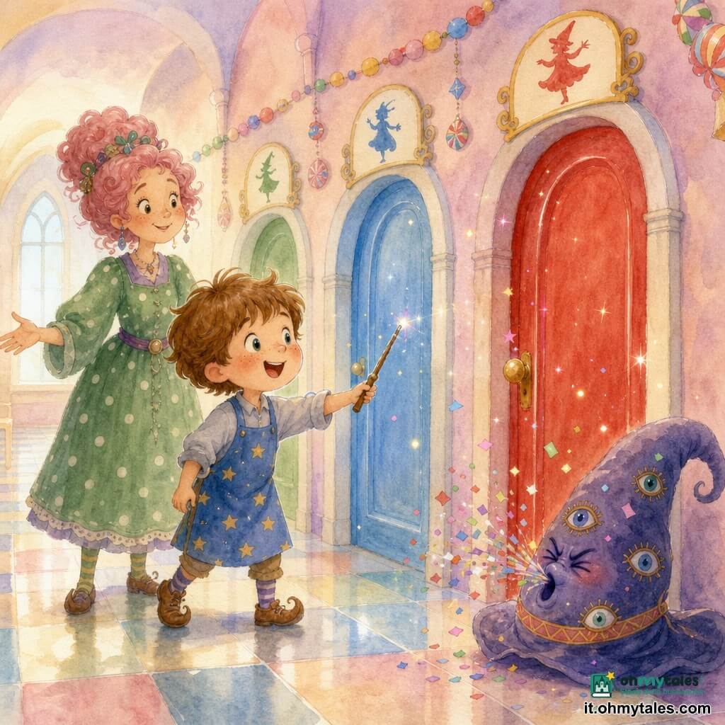 Un ragazzo apprendista stregone di nome Pippo, viso rotondo con lentiggini, occhi brillanti e sorriso meravigliato, indossa un piccolo grembiule blu a stelle, tiene una bacchetta di legno che ticchetta e guarda tre porte colorate; alle sue spalle la maestra Strega Nocciolina, circa 35 anni, capelli ricci rosa e vestito verde a pois, sorride con le braccia aperte per incoraggiarlo; accanto alle porte un enorme cappello che starnutisce e sputa coriandoli con espressione comica; il corridoio lungo ha pavimento di piastrelle lucide e pareti pastello con ghirlande di caramelle e insegne danzanti: Laboratorio delle Bolle, Biblioteca dei Libri che Ridono, Giardino delle Scope; scena principale: Pippo, emozionato e curioso, tende la mano verso la porta rossa brillante, la bacchetta scintilla e piccole scintille pastello fluttuano nell'aria.