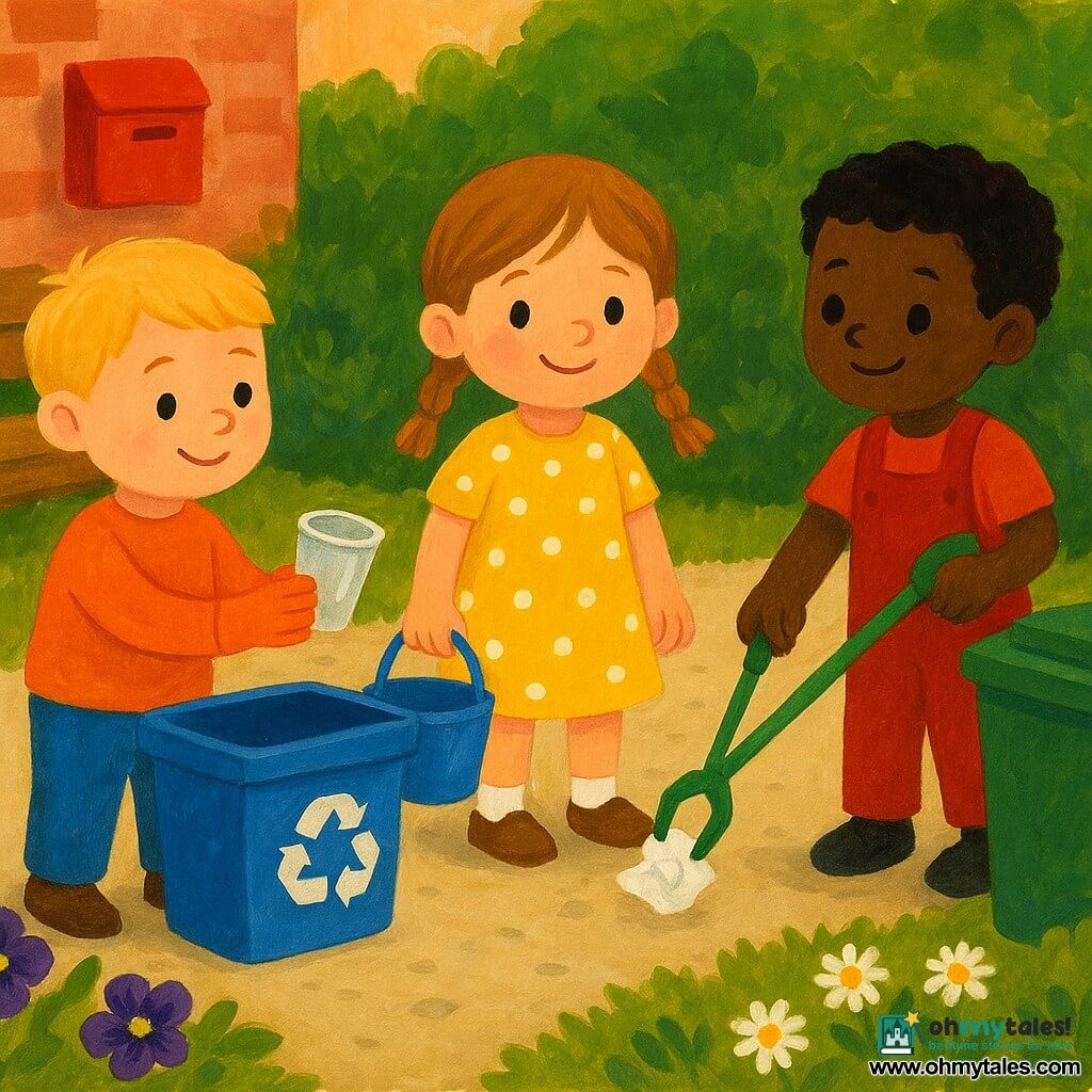 Three 3-year-old children in a small apartment garden: Mia, a light-brown-haired girl in two small braids wearing a yellow polka-dot dress, holds a small blue bucket and stands in the center of the paved path; Leo, a curly black-haired boy in a red overall, stands to Mia’s right by a bush holding a small green litter picker; Sam, a short blond-haired boy with visible orange gloves, stands to Mia’s left near a wooden bench, holding a clear plastic cup toward a blue recycling bin. The garden has a light paved path, green bushes, purple pansies and white daisies, a wooden bench, a red mailbox on a brick wall, and two bins (blue for recycling, green for waste). Morning light casts long soft shadows and the scene shows the children happily and attentively picking up paper, a can and a cup and placing them in the correct bins, with warm colors and visible gouache textures (thick strokes, paint touches).