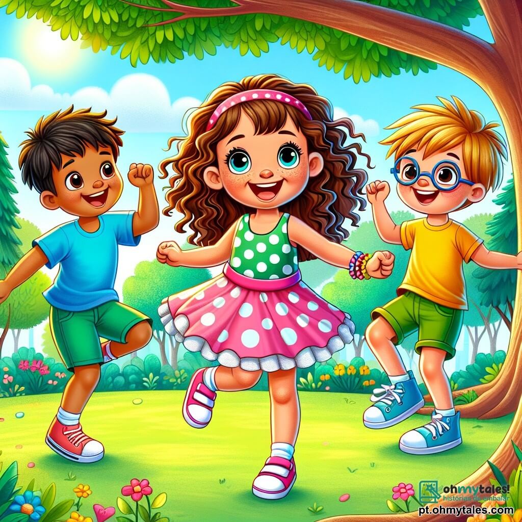 Uma menina de 6 anos, Sofia, com cabelos cacheados e um grande sorriso radiante, dança alegremente ao redor de uma árvore em um parque ensolarado, seus olhos brilhando de felicidade. Ela usa um vestido colorido com bolinhas e sandálias rosas, parecendo cheia de energia e alegria. Ao lado dela, Lucas, um menino de 6 anos com cabelos castanhos bagunçados e óculos redondos, ri imitando os movimentos de uma dança cômica. Ele veste uma camiseta azul e um short verde, pronto para dar um salto divertido. Mia, outra menina de 6 anos com cabelos loiros trançados e um sorriso contagiante, está logo atrás de Sofia, levantando os braços como se estivesse celebrando a aventura. Ela usa uma saia rosa e uma camiseta amarela, seu rosto iluminado pela alegria. O parque é cheio de verde, com árvores majestosas, flores coloridas e um céu azul claro com nuvens brancas. No fundo, crianças brincam e famílias fazem piqueniques na grama. A cena principal mostra os três amigos dançando alegremente ao redor da árvore, rindo juntos e se divertindo como se estivessem em um espetáculo, criando uma atmosfera de felicidade e amizade.