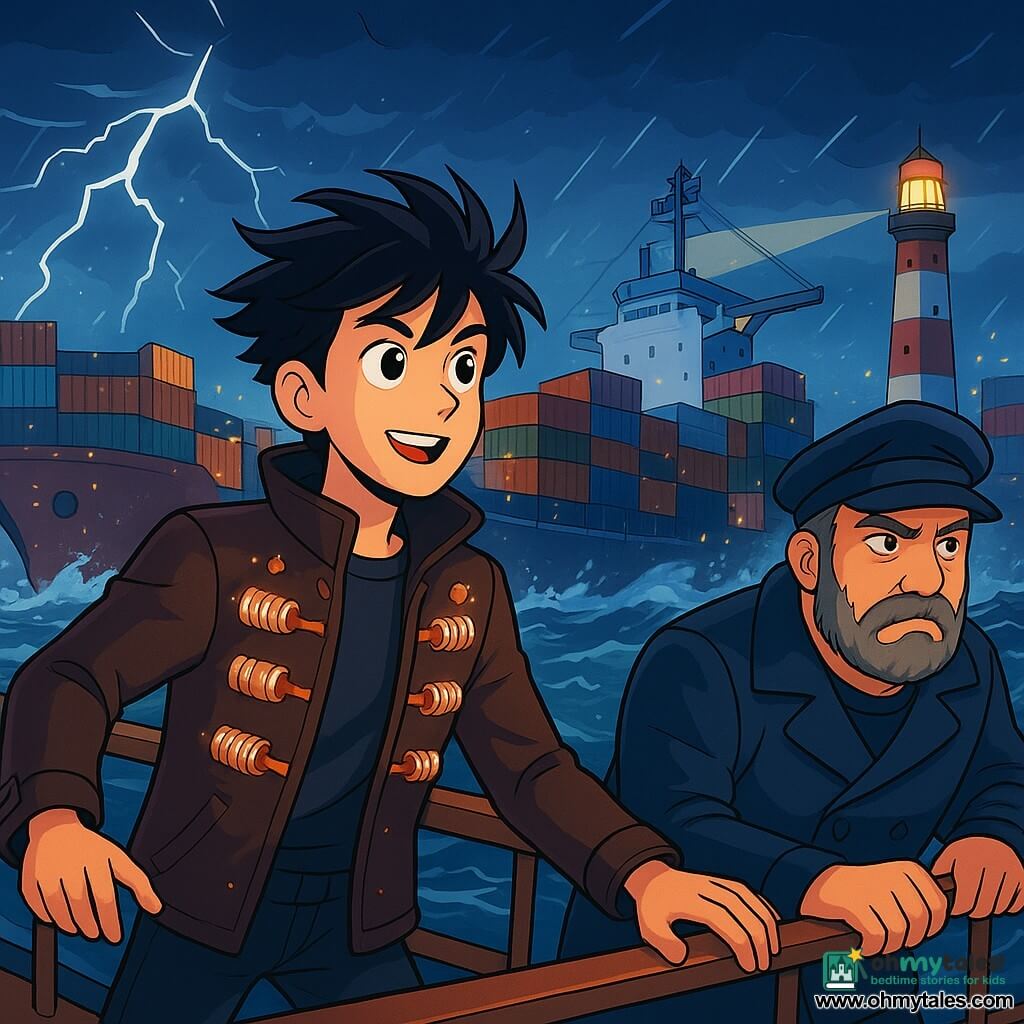 Seventeen-year-old Keaton Voss stands on the deck of a large ship, his tousled black hair blowing in the wind and his eyes shining with excitement and determination. He wears a jacket adorned with small copper coils that shimmer under the port lights. Next to him is Hideo, a sturdy man in his fifties with salt-and-pepper beard and a worried look, observing the tumult of the waves, ready to give orders to his crew. The scene is set in Tidal Reach harbor, where colorful containers are stacked like building blocks and lights blink in the night, creating a vibrant yet tense atmosphere. The sea is rough, and a large cargo ship sways dangerously near a lighthouse as lightning illuminates the dark sky. The main situation shows Keaton, focused and brave, guiding the crew to rescue the distressed ship, using his leadership skills to rally people and find a solution together as the storm threatens to worsen the situation.