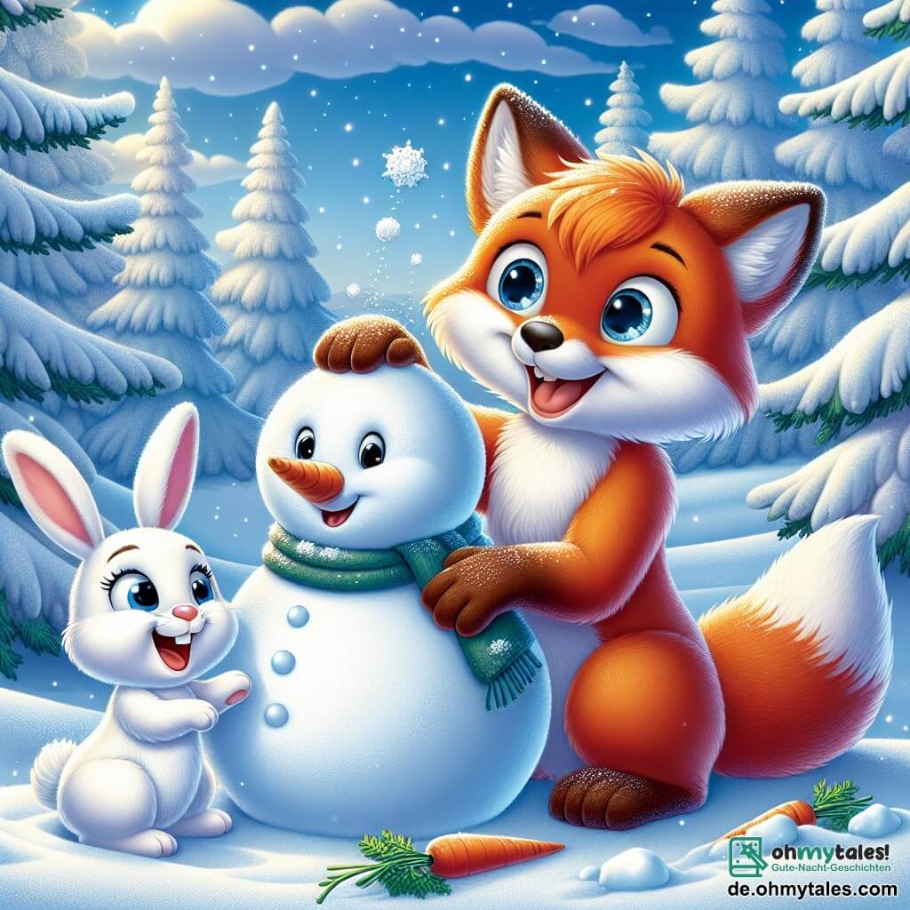 Ein kleiner, leuchtend orangefarbener Fuchs namens Felix mit weichem Fell und funkelnden, fröhlichen Augen baut einen Schneemann. Er lächelt breit, die Ohren aufgerichtet, während er einen großen Schneeball rollt. Neben ihm sitzt ein niedlicher, weißer Hase namens Hoppel mit großen Ohren und einer kleinen rosa Nase, der fröhlich lacht, während er eine Karotte für die Nase des Schneemanns sucht. Hoppel sitzt im Schnee, die Vorderpfoten erhoben, und schaut Felix bewundernd an. Die Szene spielt in einem verzauberten Winterwald, wo die Bäume mit funkelndem Schnee bedeckt sind und sanfte Schneeflocken vom hellblauen Himmel fallen. Der Boden ist mit einer dicken Schicht unberührtem Schnee bedeckt, und Eiskristalle funkeln in der Sonne. Felix und Hoppel haben Spaß daran, einen Schneemann zu bauen, teilen Lachen und Geschichten und zeigen die Magie des Winters und der Freundschaft.
