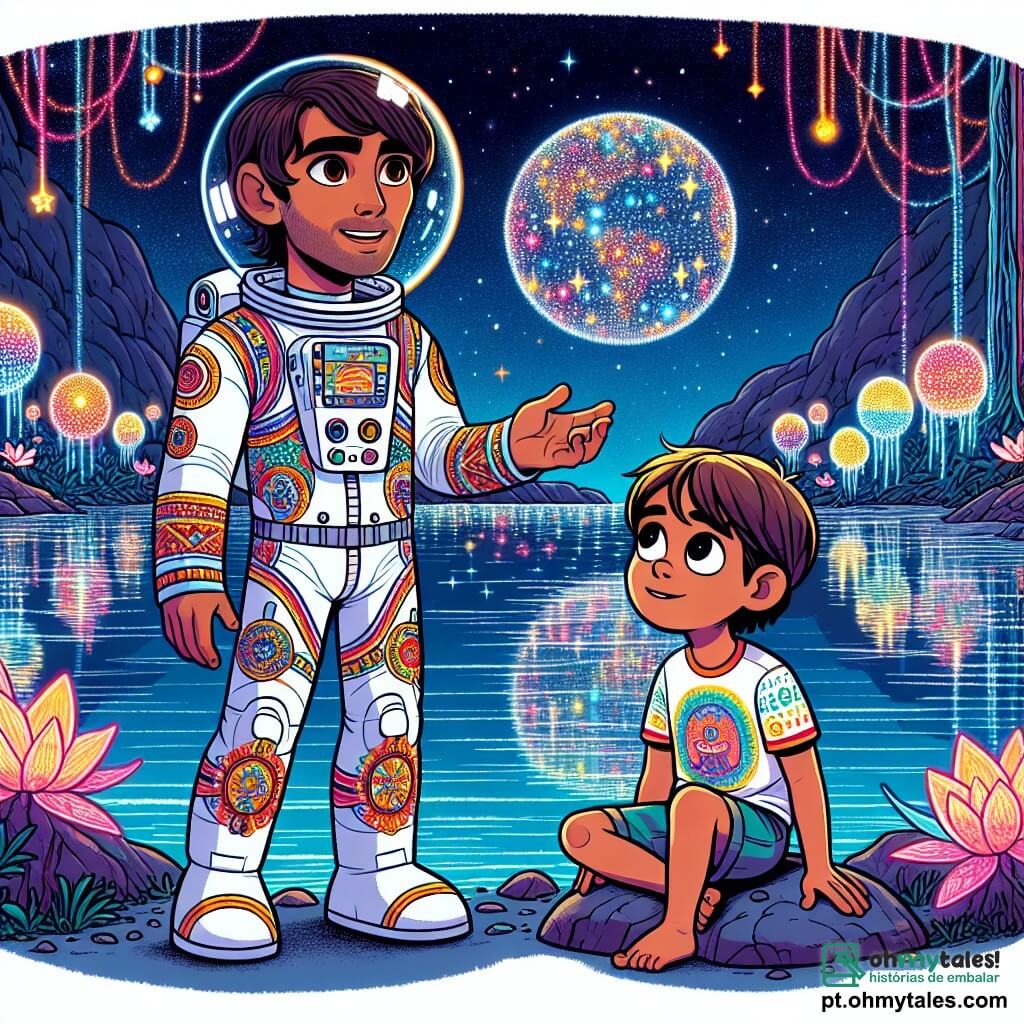 Um astronauta homem, Miguel, está de pé à beira de um lago cintilante no Planeta Estelário. Ele tem cabelos castanhos, olhos brilhantes de curiosidade e usa um traje espacial branco decorado com cores vibrantes. Seu rosto expressa admiração enquanto ele admira as estrelas refletidas na água. Ao seu lado, um menino chamado Lucas, com cerca de 8 anos, cabelos dourados e um sorriso tímido, observa com fascinação. Ele usa uma camiseta colorida e shorts, sentado sobre uma pedra, com as pernas cruzadas e os olhos fixos em Miguel. O cenário é encantador: um lago de águas cristalinas, cercado por flores luminosas e árvores de formas estranhas, sob um céu estrelado com constelações brilhantes. A cena principal mostra Miguel explicando a Lucas as maravilhas do espaço, enquanto Tico, um pequeno robô flutuante, emite luzes coloridas, acrescentando um toque de magia a essa exploração.