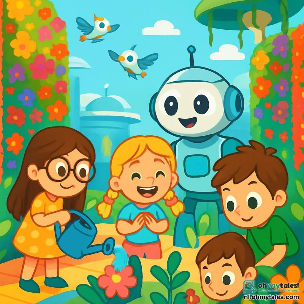 Er zijn 3 personages: - Mila: een 7-jarig meisje met lange bruine haren en ronde bril. Ze draagt een gele jurk met stippen en staat links, terwijl ze een bloem water geeft met een kleine gieter. - Noor: een 6-jarig meisje met blonde vlechten en een stralende glimlach. Ze draagt een blauwe t-shirt en een roze short, en staat in het midden, terwijl ze verwonderd naar een groeiende plant kijkt. - Bram: een 7-jarig jongetje met rommelig kastanjebruin haar en een groene t-shirt. Hij zit rechtsonder en kijkt nieuwsgierig naar een klein insect op een blad. De setting is een futuristische tuin in Blikkelstad, omringd door kleurrijke bloemenmuren, glanzende ronde gebouwen en vrolijk vliegende robotvogels. De vloer is bedekt met kleurrijke mozaïektegels en groene lianen hangen van drijvende structuren. De kinderen hebben plezier met het water geven van de bloemen met de hulp van een vriendelijke robot met grote ronde ogen en een glimlach. Ze zingen samen, omringd door stralende planten en zachte lichten, wat een vrolijke en magische sfeer creëert.