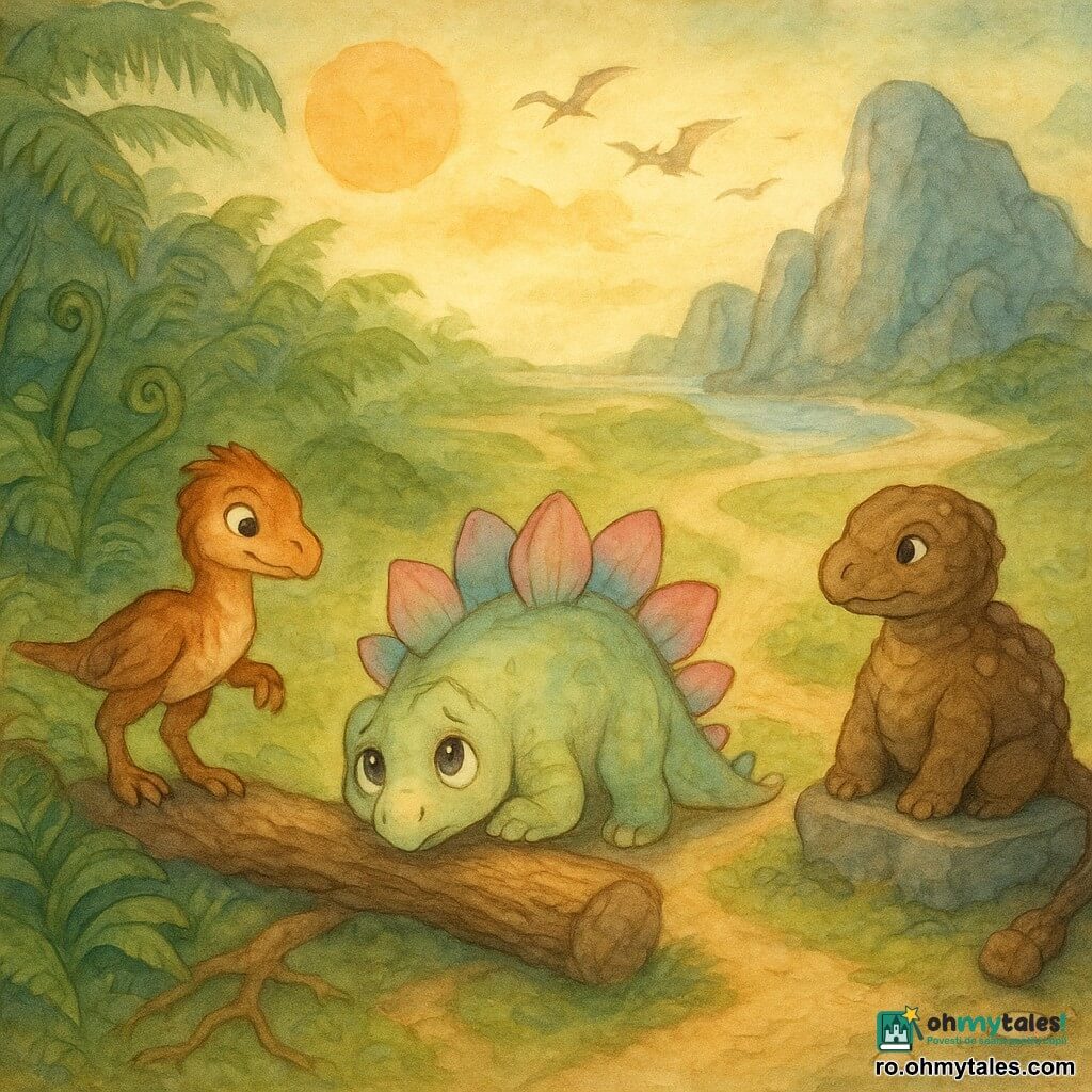 Stego, un tânăr stegozaur curios cu plăci dorsale roz pal și turcoaz și coadă cu vârfuri scurte, stă la mijloc, privind ezitant spre trei poteci; Tika, un mic raptor voios cu penaj brun-roșcat pătat de crem, stă pe rădăcini la stânga cu o labă ridicată, iar Anky, un ankylosaur rotund și blând cu carapace brună și ciocan la capătul cozii, este pe dreapta, lângă o bancă de piatră; decorul e un răscruce preistorică cu ferigi uriașe verde smarald, tulpini spiralate, un pârâu sclipitor, trei trasee distincte (pădure de ferigi întunecate, defileu stâncos gri-albăstrui, plajă cu nisip negru și scoici), pterozauri zburând în cerc și soare ambre care aruncă umbre lungi; momentul surprinde clipa deciziei lui Stego, atmosferă blândă, aventură conținută, tonuri pastel acuarelă și lumini sclipitoare.
