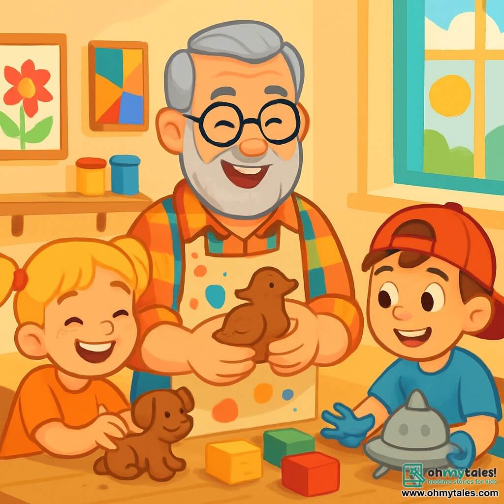 An elderly man around 60 years old, with a gray beard and round glasses, joyfully smiles while shaping a clay bird on a wooden table. He wears a colorful plaid shirt and a paint-stained apron, showing his enthusiasm and creativity. Next to him, an 8-year-old girl with blonde pigtails and sparkling eyes is molding a small clay dog, laughing with happiness. A 7-year-old boy, wearing a red cap backward, is creating a spaceship, his hands covered in color. The scene takes place in a bright workshop filled with colorful paintings on the walls, vibrant paint pots, and blocks of clay in all colors, with a large sun filtering through a window. The children, surrounded by the artist, enjoy making clay sculptures, sharing ideas and laughing together, while the man encourages them with a kind smile, showcasing the joy of creating as a group.