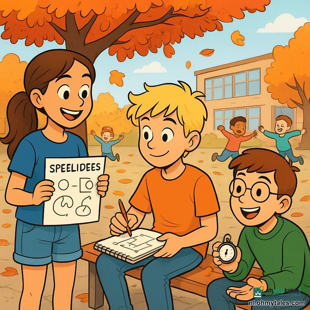 Er zijn 3 personages: - Noor: een 12-jarig meisje met bruin haar in een paardenstaart, een blauwe t-shirt en een spijkerbroek. Ze staat rechtop, glimlachend, met een vel papier met spelideeën in haar hand. - Sam: een 12-jarige jongen met rommelig blond haar en een pot met kleurpotloden achter zijn oor. Hij zit op een bank en tekent een speelplan in een notitieboek. - Luuk: een 12-jarige jongen met een bril en kastanjebruin haar, in een groene trui. Hij zit naast hen, met een stopwatch in de hand en moedigt de andere kinderen aan om mee te doen. De locatie is een schoolplein in de herfst, met kleurrijke bladeren die van de bomen vallen. De grond is bedekt met grijze tegels, en op de achtergrond staat een grote boom met uitgestrekte takken. Kinderen spelen eromheen, lachend en rennend, wat een vrolijke en warme sfeer creëert. De belangrijkste situatie toont Noor, Sam en Luuk die een spel organiseren voor de andere kinderen, met glimlachen op hun gezichten. Ze verzamelen kinderen om zich heen, klaar om samen plezier te maken, wat de geest van delen en samenwerking illustreert, ondanks de uitdagingen.