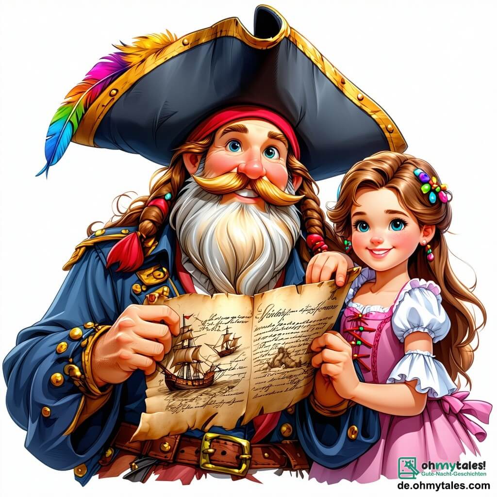 Im Vordergrund steht die Hauptfigur, Käpt'n Ole, ein Mann mit einem langen, leuchtend roten Bart und einem großen Piratenhut, der mit einer bunten Feder geschmückt ist. Sein Gesicht strahlt ansteckende Freude aus, während er eine alte Schatzkarte in den Händen hält, seine Augen funkeln vor Aufregung. Neben ihm steht Klara, ein 10-jähriges Mädchen mit lockigem, blondem Haar, das ein rotes Bandana trägt und die Karte mit Staunen betrachtet, bereit für das Abenteuer. Etwas weiter hinten lächelt Finn, ein 8-jähriger Junge mit zerzausten braunen Haaren, während er eine kleine Schaufel hält und ungeduldig darauf wartet, den versteckten Schatz zu entdecken. 

Die Szenerie spielt an einem goldenen Sandstrand, umgeben von üppigen Palmen, mit einem funkelnden türkisfarbenen Meer im Hintergrund. Majestätische Felsen erheben sich am Horizont, und eine große Sonne strahlt am klaren blauen Himmel, der mit einigen weißen Wolken gesprenkelt ist.

Die Hauptsituation zeigt Käpt'n Ole und seine begeisterte Crew, die bereit sind, eine geheimnisvolle Insel zu erkunden, mit der Schatzkarte vor ihnen ausgebreitet, während Aufregung und Abenteuer in der Luft liegen.
