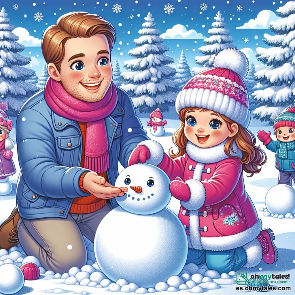 Una niña de 7 años, con largos cabellos castaños y mejillas sonrosadas, lleva un abrigo rosa brillante y un gorro con pompón. Sonríe con asombro, los ojos brillantes de alegría, mientras moldea un gran muñeco de nieve en un paisaje invernal. A su lado, su papá, un hombre de unos 35 años con barba ligera y una sonrisa cálida, está haciendo una gran bola de nieve para la base del muñeco. Lleva una chaqueta azul y una bufanda roja, y mira a su hija con orgullo. Al fondo, se ven majestuosos abetos cubiertos de nieve brillante, bajo un cielo azul claro con nubes blancas. La escena transmite una atmósfera alegre y festiva, ilustrando la felicidad de jugar en la nieve y crear juntos un muñeco de nieve.