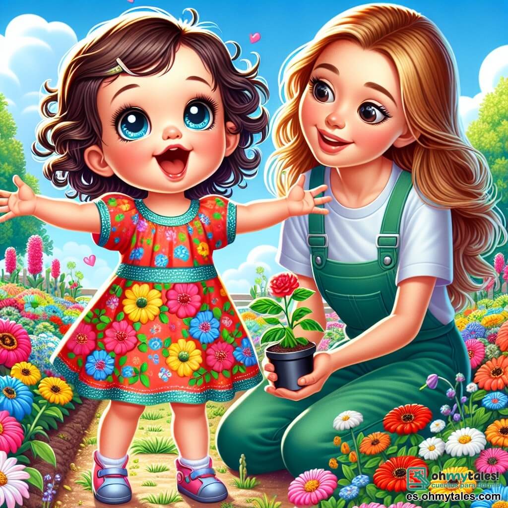 Una niña de 2 años, con grandes ojos brillantes y cabello rizado, lleva un vestido colorido con flores. Sonríe con asombro, con los brazos abiertos, en medio de un jardín en plena floración. A su lado, su mamá, una mujer de unos 30 años, con cabello largo y liso, vestida con una camiseta ligera y pantalones de jardinería, está agachada, sosteniendo una pequeña planta en sus manos, lista para plantarla. El jardín está lleno de flores de colores vivos: rojas, amarillas y azules, bajo un cielo azul claro con algunas nubes blancas. La escena refleja la alegría y emoción de la niña mientras ayuda a su mamá a preparar el jardín para la primavera, rodeada de la belleza de la naturaleza que renace.