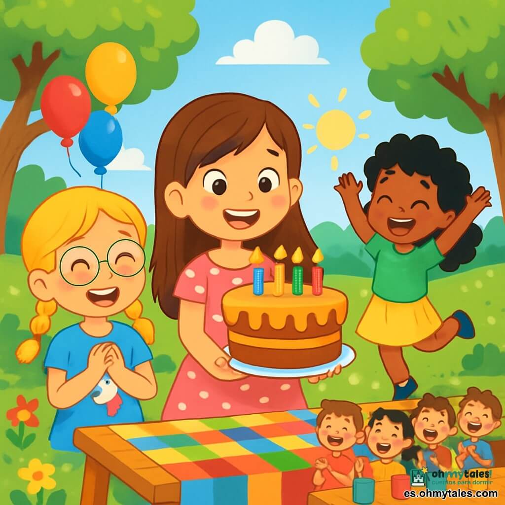 Hay 3 personajes: - Clara: una niña de 8 años, con largos cabellos castaños y ojos brillantes. Lleva un vestido rosa con lunares blancos y sostiene un gran pastel de cumpleaños decorado con velas de colores. - Sofía: una niña de 8 años, con trenzas rubias y gafas redondas. Lleva una camiseta azul con un dibujo de unicornio y sonríe alegremente mirando el pastel. - Marta: una niña de 8 años, con cabello negro y rizado, lleva una falda amarilla y una camiseta verde. Está saltando de alegría junto a Sofía, con los brazos levantados. El lugar es un parque soleado, lleno de grandes árboles verdes, flores de colores y globos flotantes colgados de las ramas. Una gran mesa de madera está decorada con un mantel colorido, rodeada de niños riendo. El cielo es azul con algunas nubes blancas, y rayos de sol iluminan la escena festiva. La situación principal muestra a Sofía, rodeada de sus amigas, lista para soplar sus velas en un hermoso pastel de cumpleaños, mientras todos los niños cantan "Feliz cumpleaños" con sonrisas radiantes y ojos brillantes de emoción.