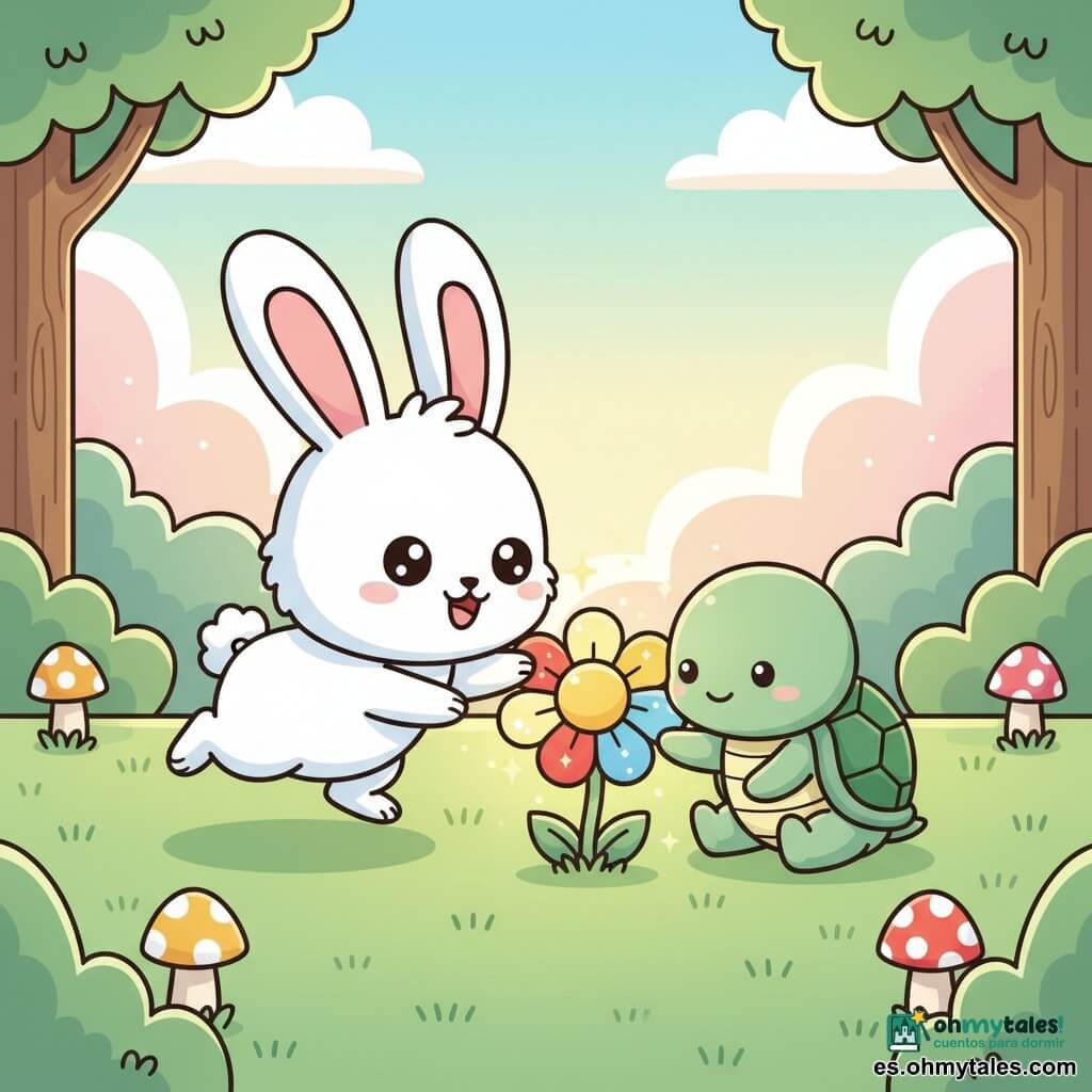 Un pequeño conejo blanco de grandes orejas rosas y pelaje esponjoso, ojos redondos y expresión curiosa y alegre, salta y toca con una pata una flor mágica brillante; junto a él, una tortuga verde de caparazón redondeada y mirada tranquila, más pequeña, la toca suavemente con su pata; la flor central tiene pétalos rojos, amarillos y azules con un corazón dorado que emite un brillo y pequeñas chispas; todo en una clara pradera luminosa en el bosque con hierba corta, algunos hongos y árboles de troncos redondeados bajo un cielo pastel de mañana; escena centrada, colores vivos, formas suaves y ambiente encantado apto para niños.