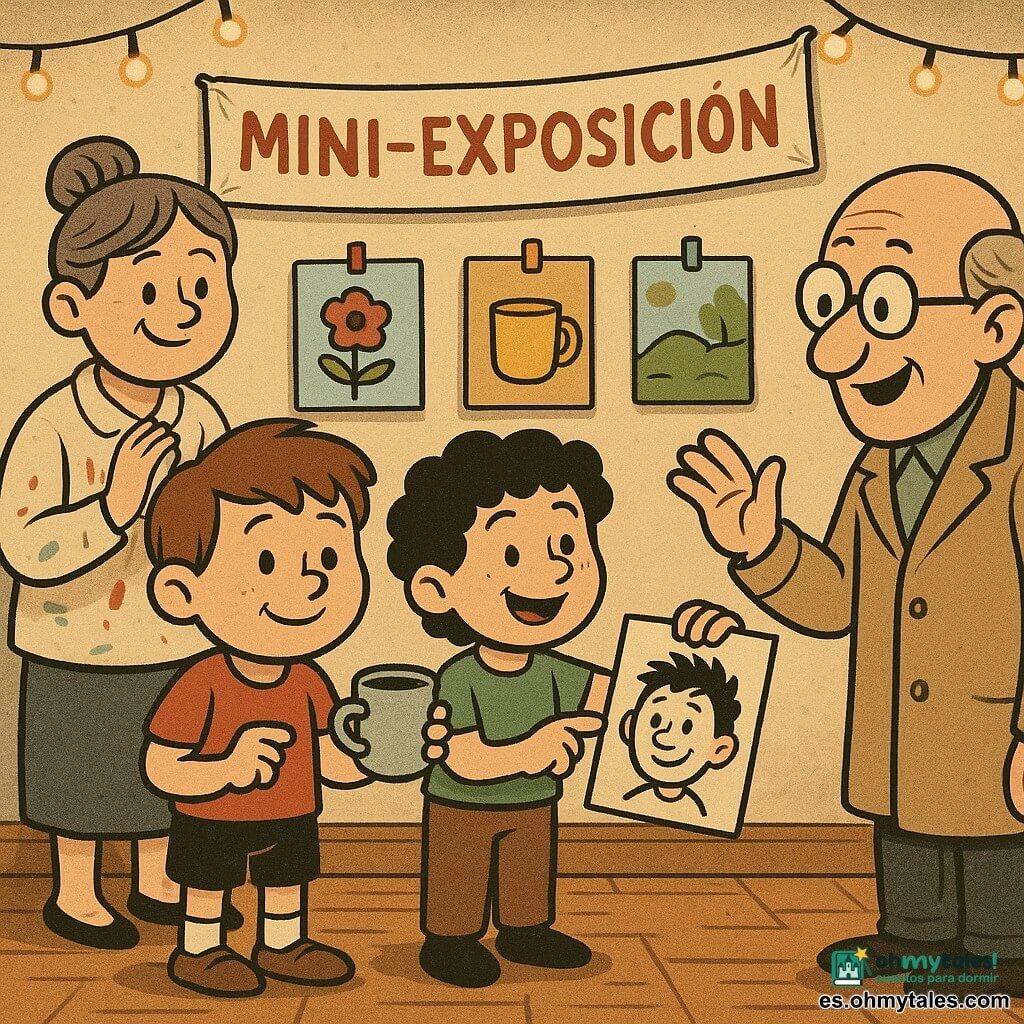 Leo, niño de 10 años de rostro redondo y pelo castaño corto y alborotado, con expresión tímida pero orgullosa (pequeña sonrisa, ojos brillantes), sostiene una taza de cerámica algo torcida en una mano y una hoja con un retrato garabateado en la otra, de pie con los hombros algo encogidos; a su derecha Dani, también de 10 años, pelo negro rizado y pecas, sonríe cómplice señalando la caricatura; detrás y ligeramente retirado Marta, unos 35 años, cabello gris-rosado en moño y blusa manchada de pintura, sonríe orgullosa con las manos sobre el pecho; a pocos pasos frente a ellos, un visitante de unos 70 años con gafas redondas y abrigo beige se detiene ante el retrato levantando la mano como en saludo; escena en un pasillo de centro cultural de paredes claras con paneles de madera y pinzas de colores que sujetan dibujos y pequeñas tazas, suelo de parquet brillante, guirnalda de luces cálidas y un cartel arrugado que anuncia "Mini-exposición", ambiente cálido y sencillo con obras colgadas torcidas, colores vivos, luz dorada, detalles de tiza, manchas de pintura y sombras largas y gráficas.
