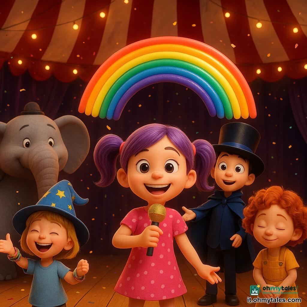 Ci sono 5 personaggi: tre bambine—Lilla, 8 anni, capelli lilla in codini, vestito a pois rosa, al centro con un micro di cartone scintillante e sorriso largo; Titti, 7 anni, capelli corti biondi, cappello stellato troppo grande, a sinistra che agita braccialetti colorati ridendo; Fiamma, 8 anni, capelli rossi ricci, salopette gialla, a destra che fa una piccola riverenza comica—un ragazzo, Leo, 9 anni, mago con grande cappello nero e mantello blu scuro, leggermente dietro che crea un arcobaleno di palloncini—e un grande elefante grigio con sguardo dolce e piccoli cappelli sullo sfondo a sinistra che alza la proboscide come per applaudire; luogo: sotto un grande tendone a righe rosse e bianche con pavimento in legno lucidato, tende porpora ai lati, lucine gialle e coriandoli nell’aria; situazione: i bambini fanno un numero di circo gioioso, Lilla parla nel micro, Titti e Fiamma fanno gesti buffi, Leo manda su palloncini colorati e l’elefante alza la proboscide, scena colorata ed espressiva con illuminazione calda e atmosfera festosa e magica.