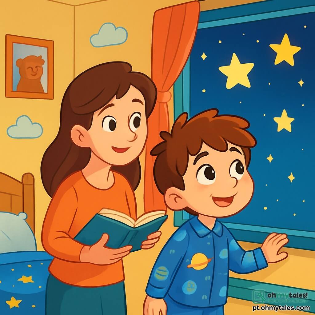 Um menino de 6 anos, Lucas, com cabelo castanho bagunçado e olhos brilhantes de curiosidade, está perto da janela do seu quarto, com um leve sorriso no rosto, maravilhado com as estrelas cintilantes no céu noturno. Sua pequena mão está apoiada na borda da janela, e ele veste um pijama azul com estampas de planetas. Sua mãe, uma mulher doce de cerca de 30 anos, com cabelo longo e castanho, está atrás dele, com uma expressão tranquila e amorosa, segurando um livro aberto. Ela olha para Lucas com ternura, pronta para contar uma história. O quarto é acolhedor, pintado de amarelo pastel, com paredes decoradas com desenhos de animais e nuvens. Uma pequena cama com um cobertor estrelado está em um canto, e uma luz noturna em forma de lua ilumina suavemente o ambiente. A cena principal mostra Lucas, fascinado pelo céu noturno, descobrindo a beleza das estrelas, enquanto sua mãe fala suavemente, transformando seu medo do escuro em encantamento.