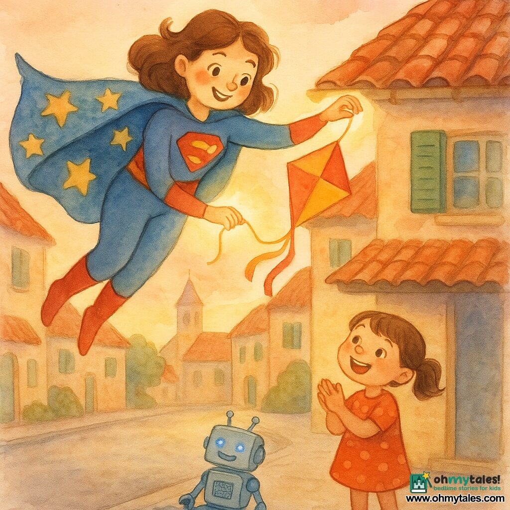 Heroine woman, very joyful with a smiling face and bright eyes, hovering in midair with a flowing blue cape decorated with large gold stars, hands lit by a soft pale yellow halo and soft wavy light brown hair, a girl of about 6 with brown pigtails holding a red-and-yellow kite and standing on the sidewalk under a roof smiling up, a small pastel metal toy robot blinking blue in a puddle in the foreground, watercolor village street with red roofs and green shutters, distant church bell and peachy-pink sunset sky; main action: the woman gently grabs the kite’s tail stuck on a tiled roof, her glowing hands illuminate the scene as the girl claps below, tender and reassuring atmosphere.