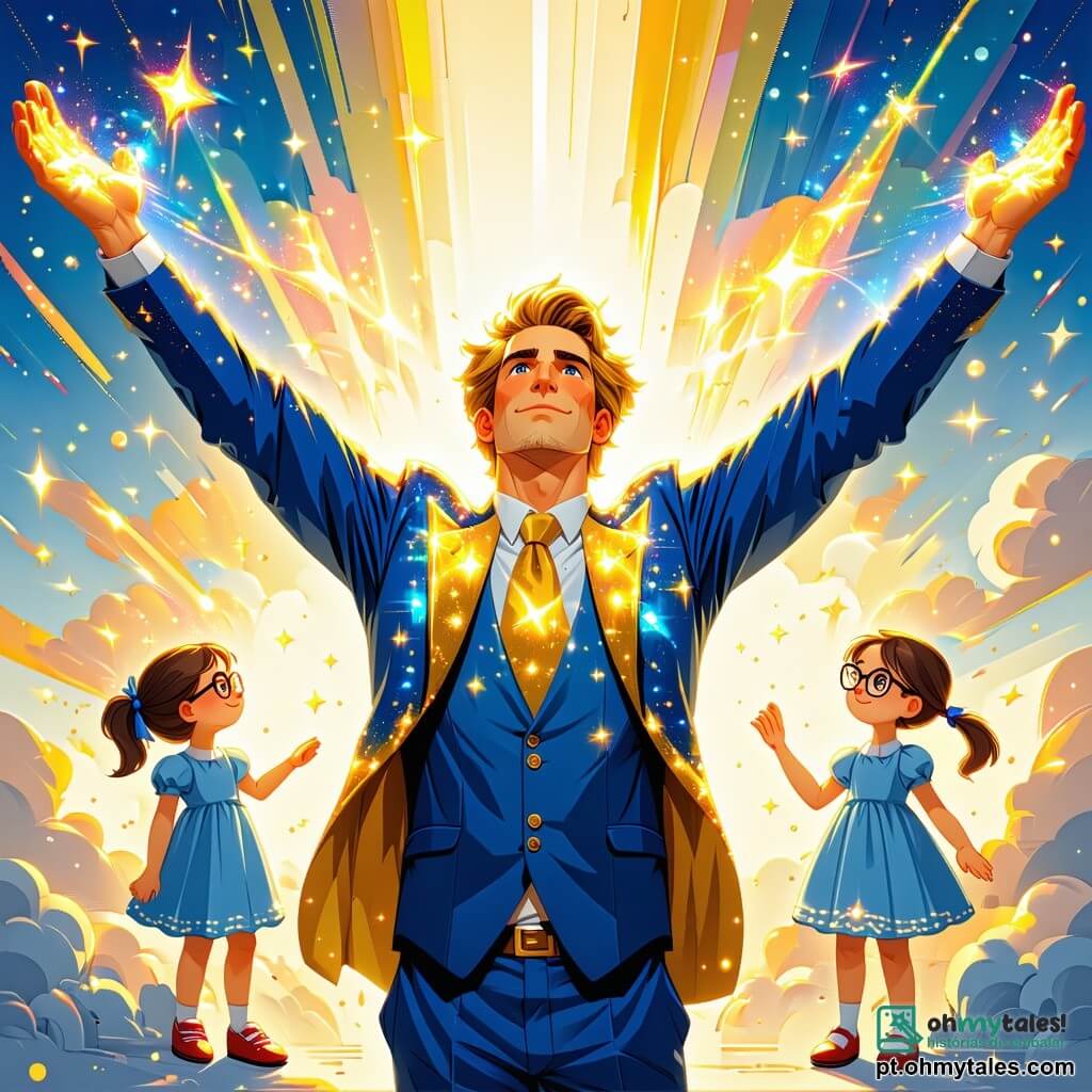 No centro da imagem, Asteron, um homem com cabelos dourados brilhantes como estrelas, veste um traje azul e dourado cintilante. Seu rosto expressa uma determinação corajosa enquanto levanta os braços para o céu, projetando raios de luz para afastar as sombras ameaçadoras. À sua direita, Lúcia, uma menina de 12 anos com óculos redondos e cabelo castanho preso em um rabo de cavalo, manipula um dispositivo brilhante que criou, seu rosto iluminado pela excitação e concentração. À sua esquerda, Paulo, um garoto de 11 anos com cabelos negros bagunçados e um olhar inteligente, observa atentamente a cena, pronto para dar instruções para ajudar Asteron. O cenário é a bela cidade de Lumina, onde edifícios coloridos de formas futuristas se erguem sob um céu escurecido por nuvens ameaçadoras. A praça central está cheia de lanternas cintilantes acesas pelos habitantes, criando uma atmosfera de solidariedade e esperança. A situação principal mostra Asteron, Lúcia e Paulo unidos em uma luta épica contra Umbra, a criatura das sombras, enquanto combinam suas forças para libertar a cidade da escuridão, iluminando o céu com seus brilhos de luz.
