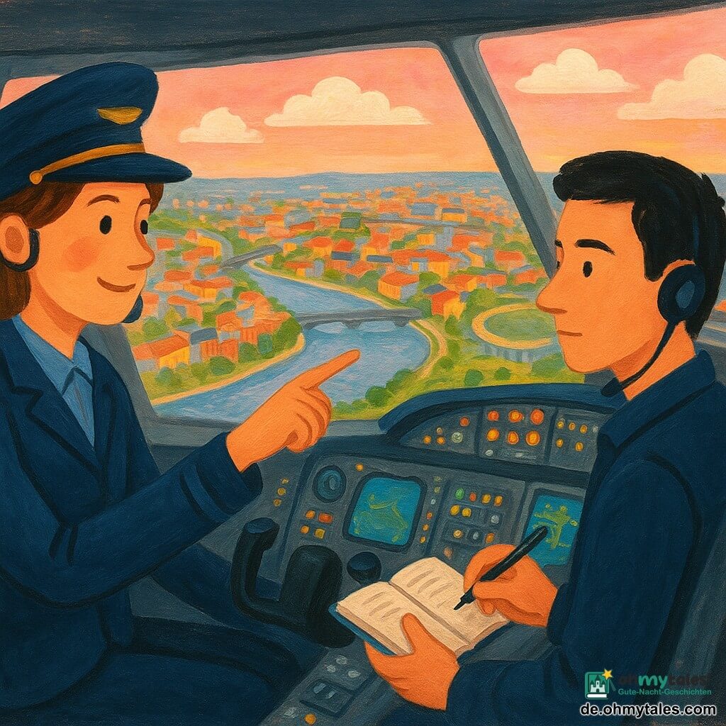 Eine lächelnde Frauenspilotin um die dreißig mit kurzem kastanienbraunem Haar hinter dem Ohr, blauem Pilotensakko, Kappe und Kopfhörern zeigt aus der Cockpit-Scheibe auf eine große Stadt; der etwa 28-jährige Co-Pilot rechts wirkt konzentriert und ruhig mit kurzem schwarzen Haar, Notizbuch und Stift, während das detaillierte Cockpit graue Paneele mit leuchtenden Knöpfen, grün-blaue Bildschirme und Metallhebel zeigt; draußen ein rosa-blauer Morgenhimmel mit weißen Wolken, unten eine stilisierte Stadt mit farbigen Dächern, einem silbernen Fluss und Brücken sowie Parks und Stadion; ruhiger, wohltuender Flugmoment, warme Lichtreflexe auf den Flügeln, bildkomposition auf Gesichter und große Scheibe, kindlich-gouache Stil mit sichtbarer Pinseltextur, lebendigen Farben und weichen Konturen.